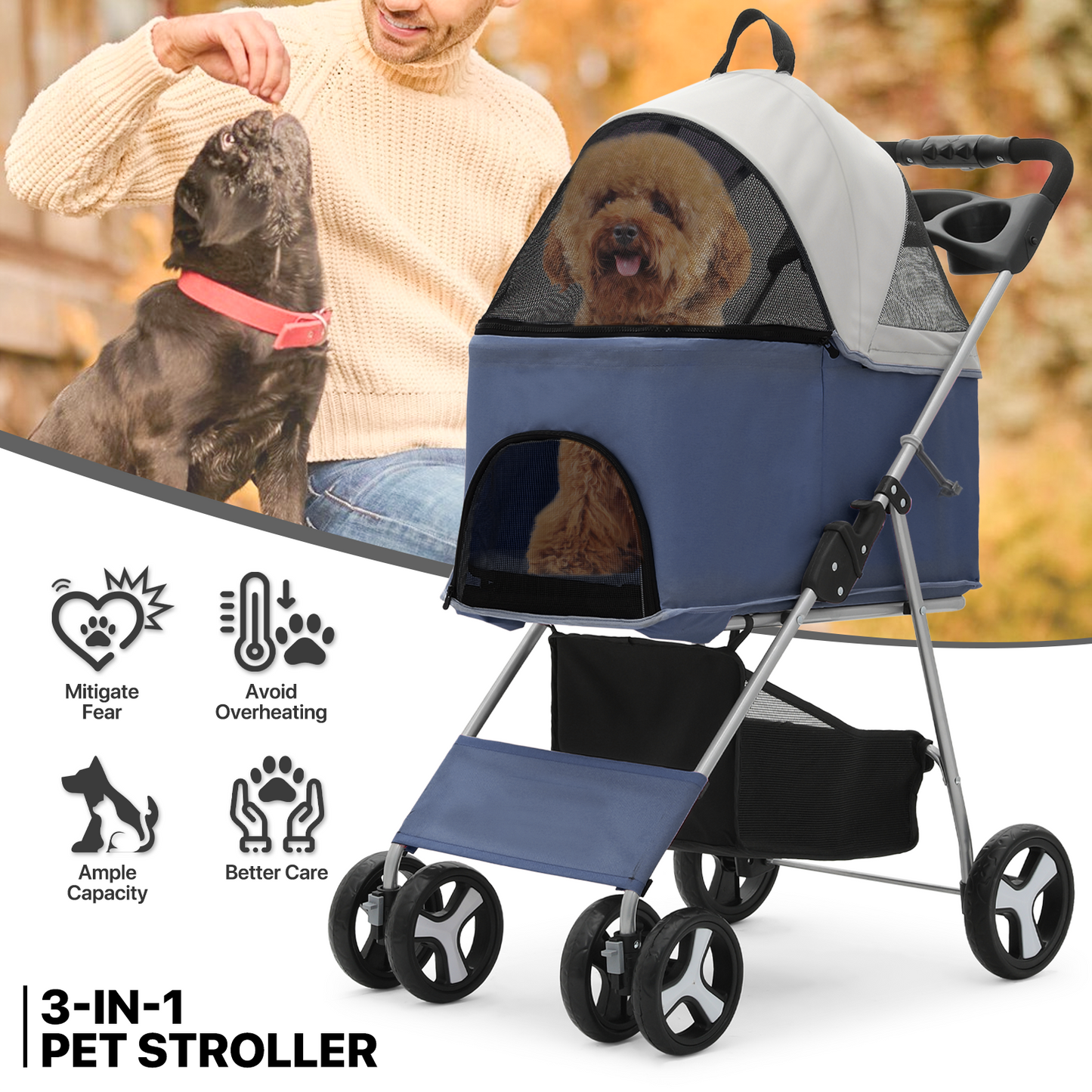 4 Wheels Pet Stroller - 28*19*38 inch - Detachable Basket