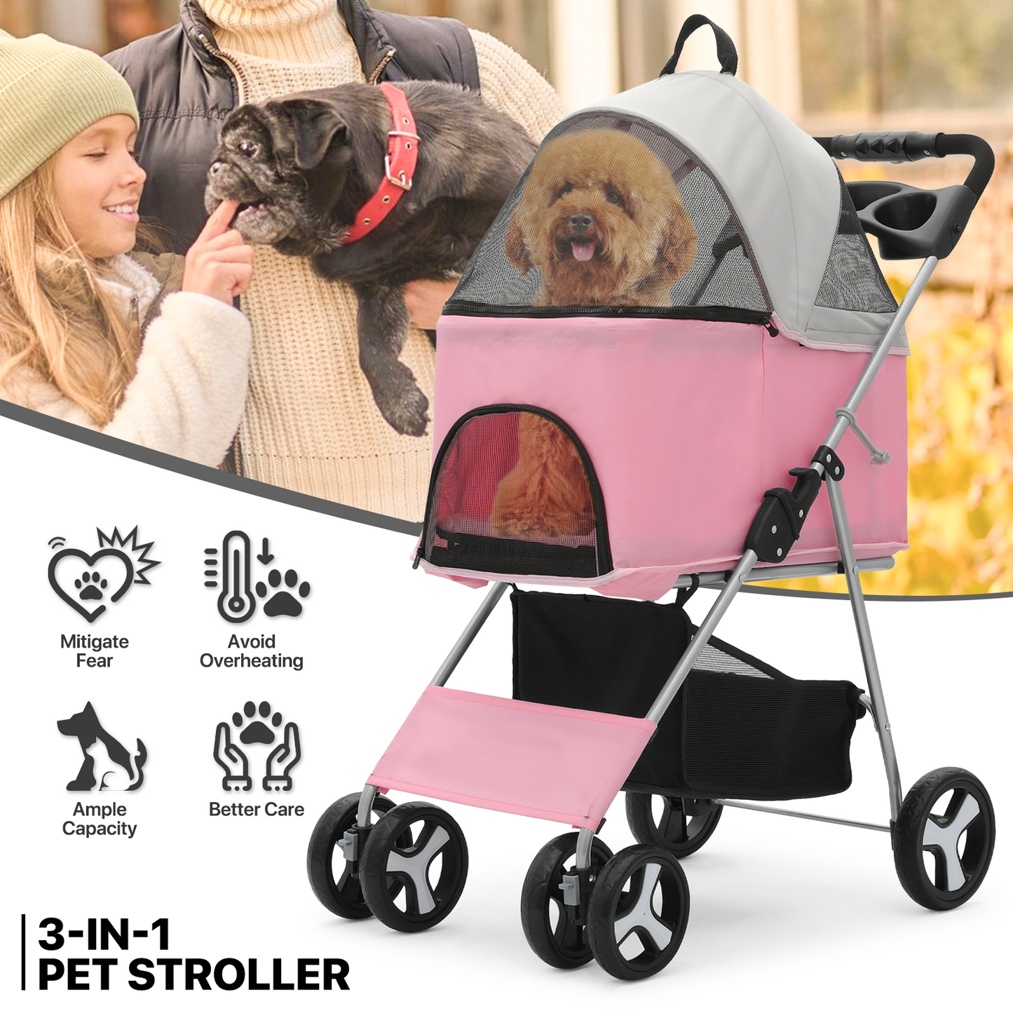 4 Wheels Pet Stroller - 28*19*38 inch - Detachable Basket
