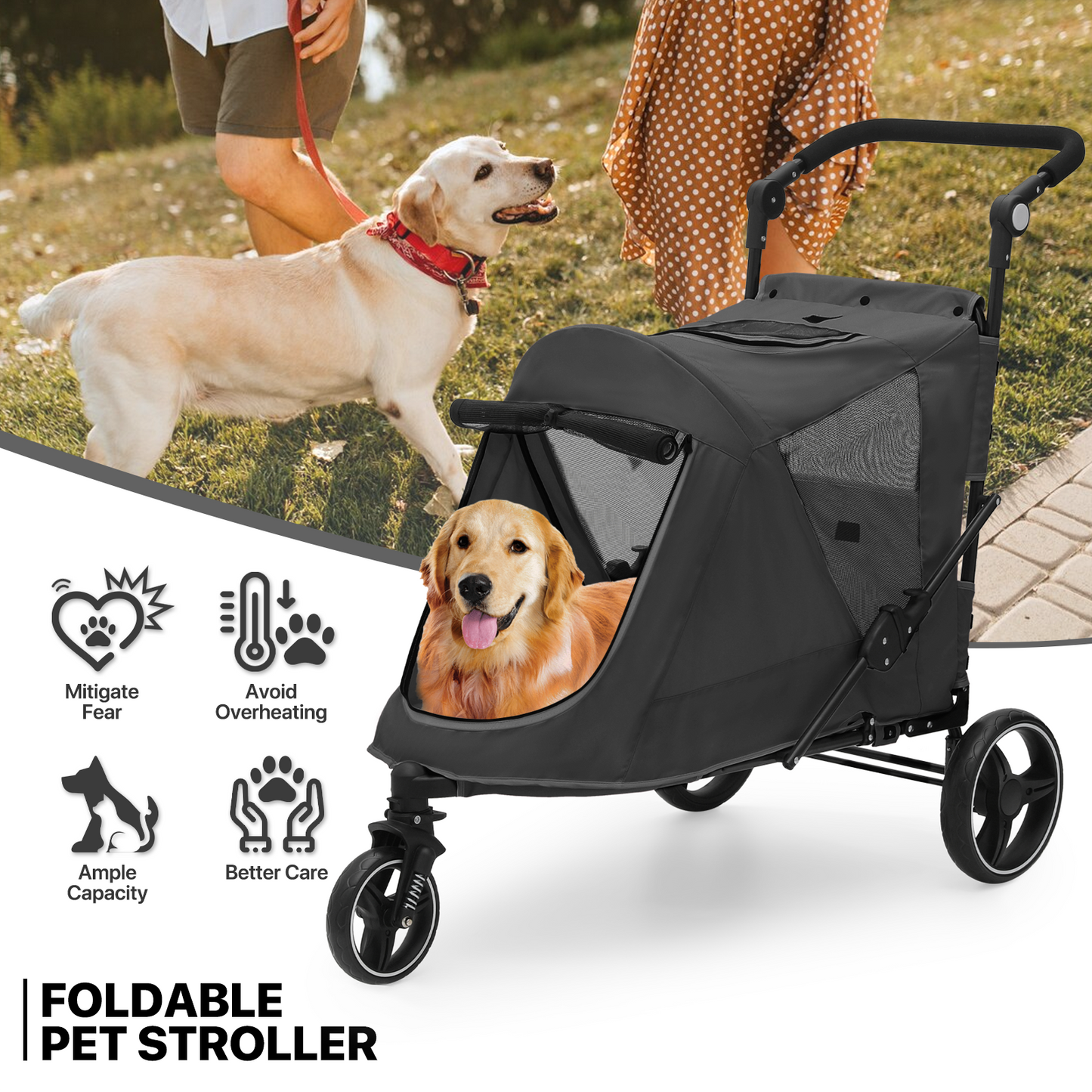 3 Wheels Pet Stroller - 41*23*39.5 inch - Angle Adjustable Handlebar