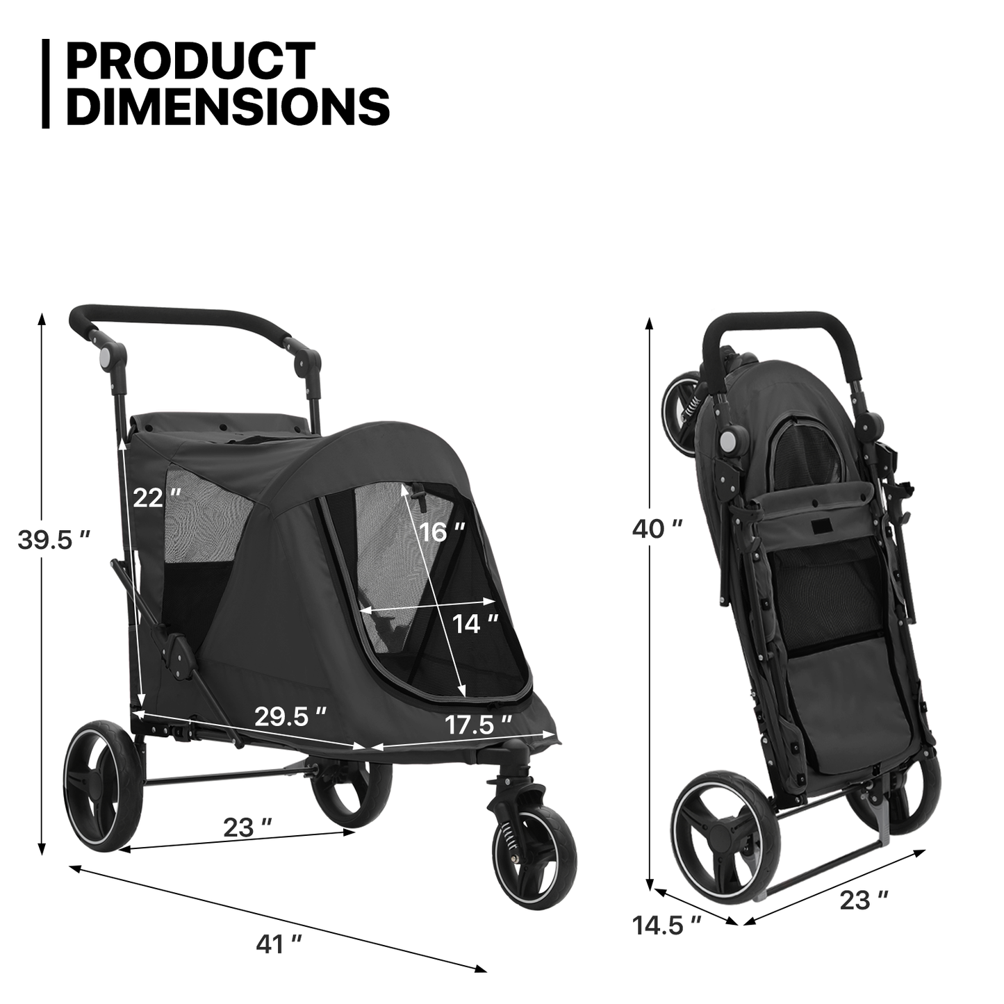3 Wheels Pet Stroller - 41*23*39.5 inch - Angle Adjustable Handlebar