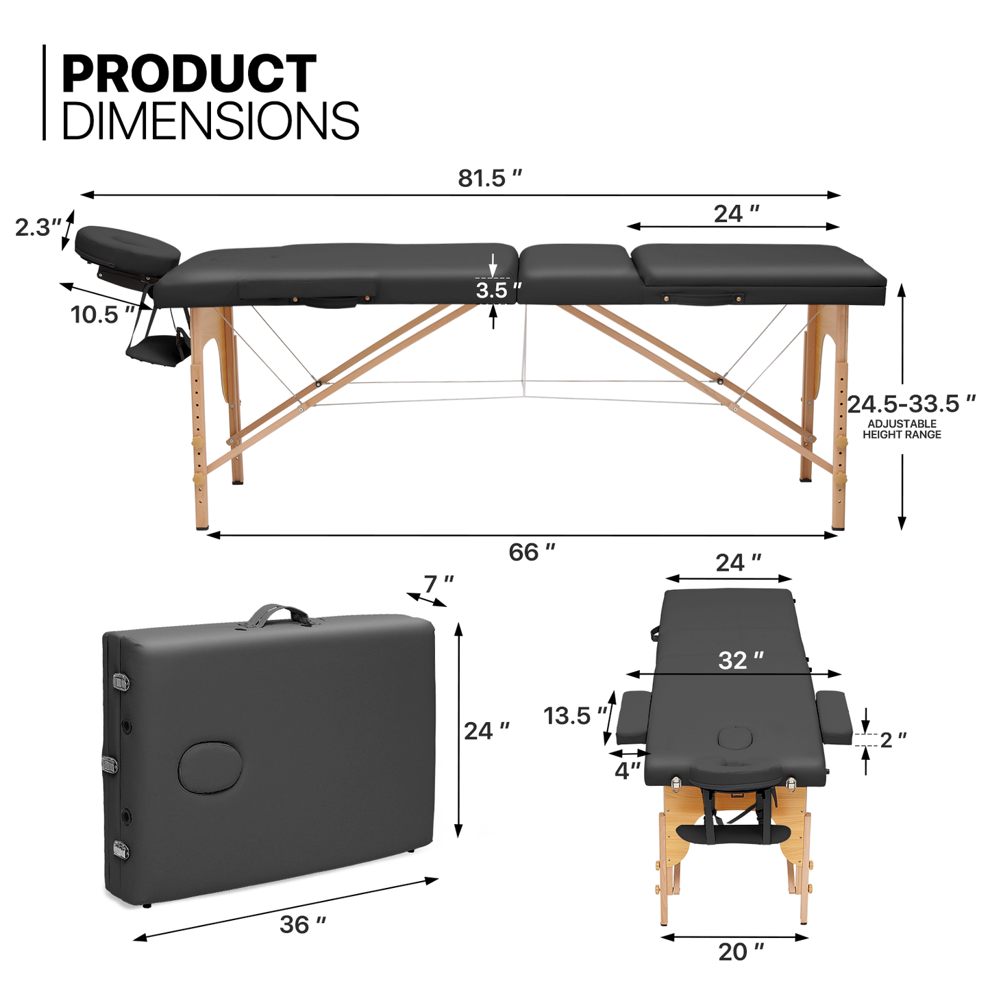 Portable Massage Table - Adjustable Height 24.5" to 33.5" - Tilt Back - Wooden Frame