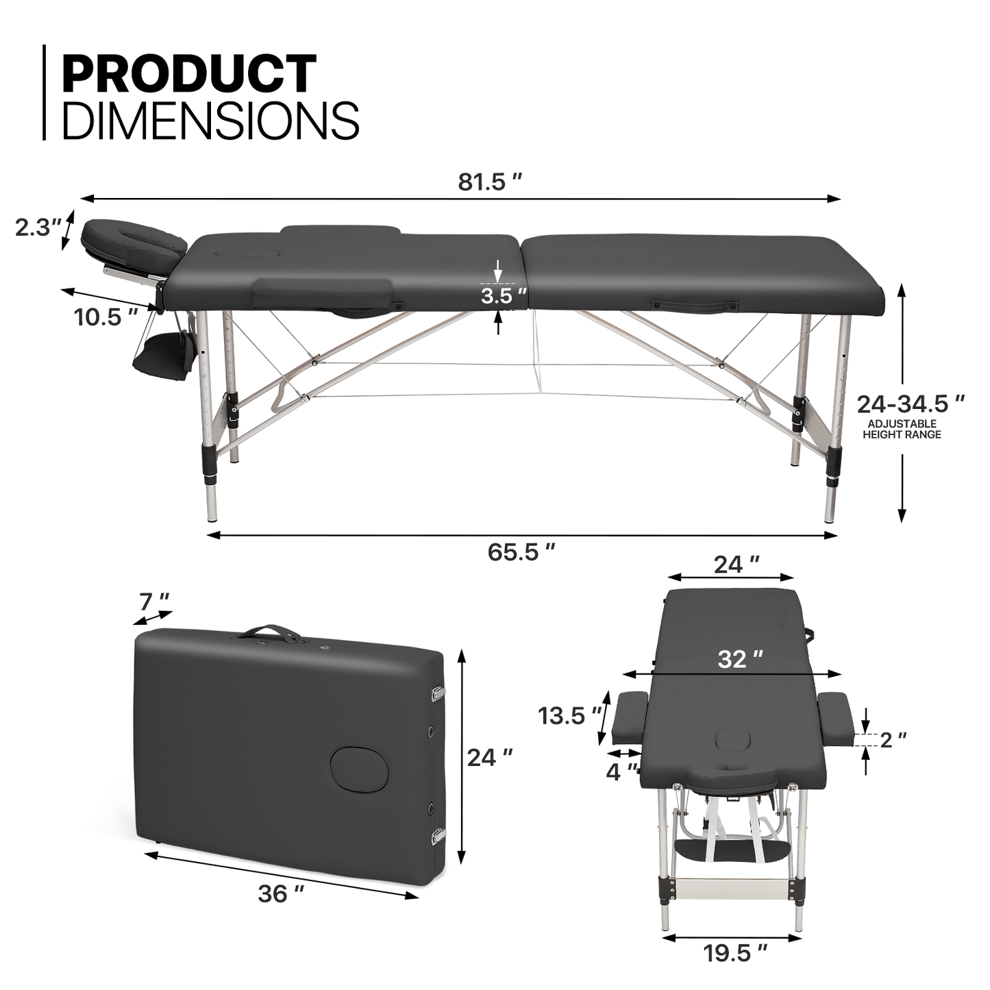 Portable Massage Table - Adjustable Height 24.5" to 33.5" - Aluminum Frame