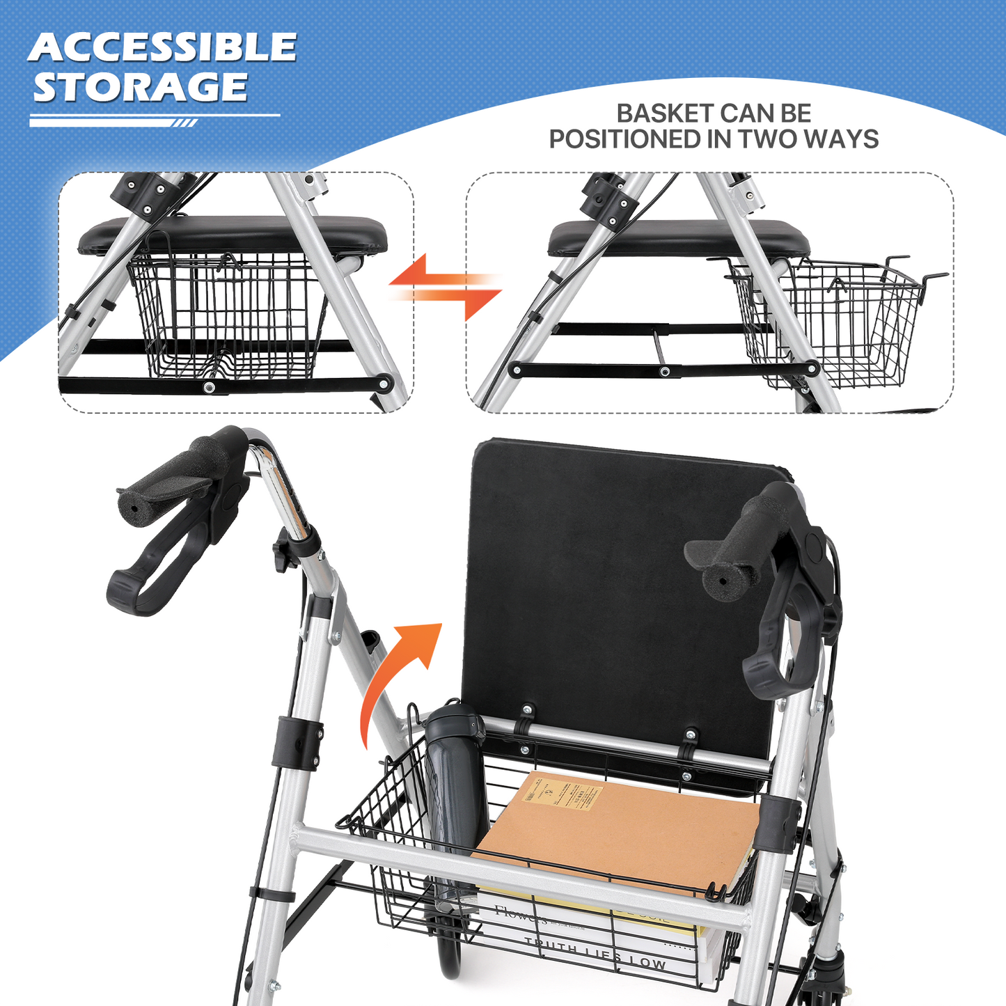 Silver Frame Rolling Walker - 31.5''-36.5'' Height Adjustable - w/Detachable Basket
