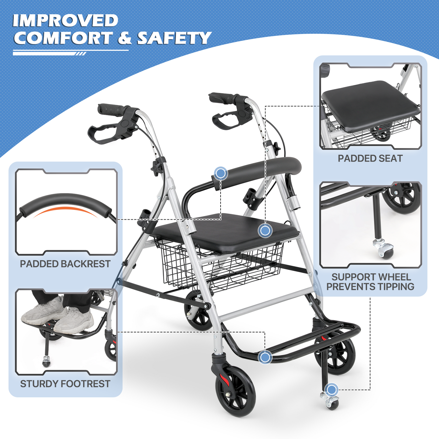 Silver Frame Rolling Walker - 31.5''-36.5'' Height Adjustable - w/Detachable Basket