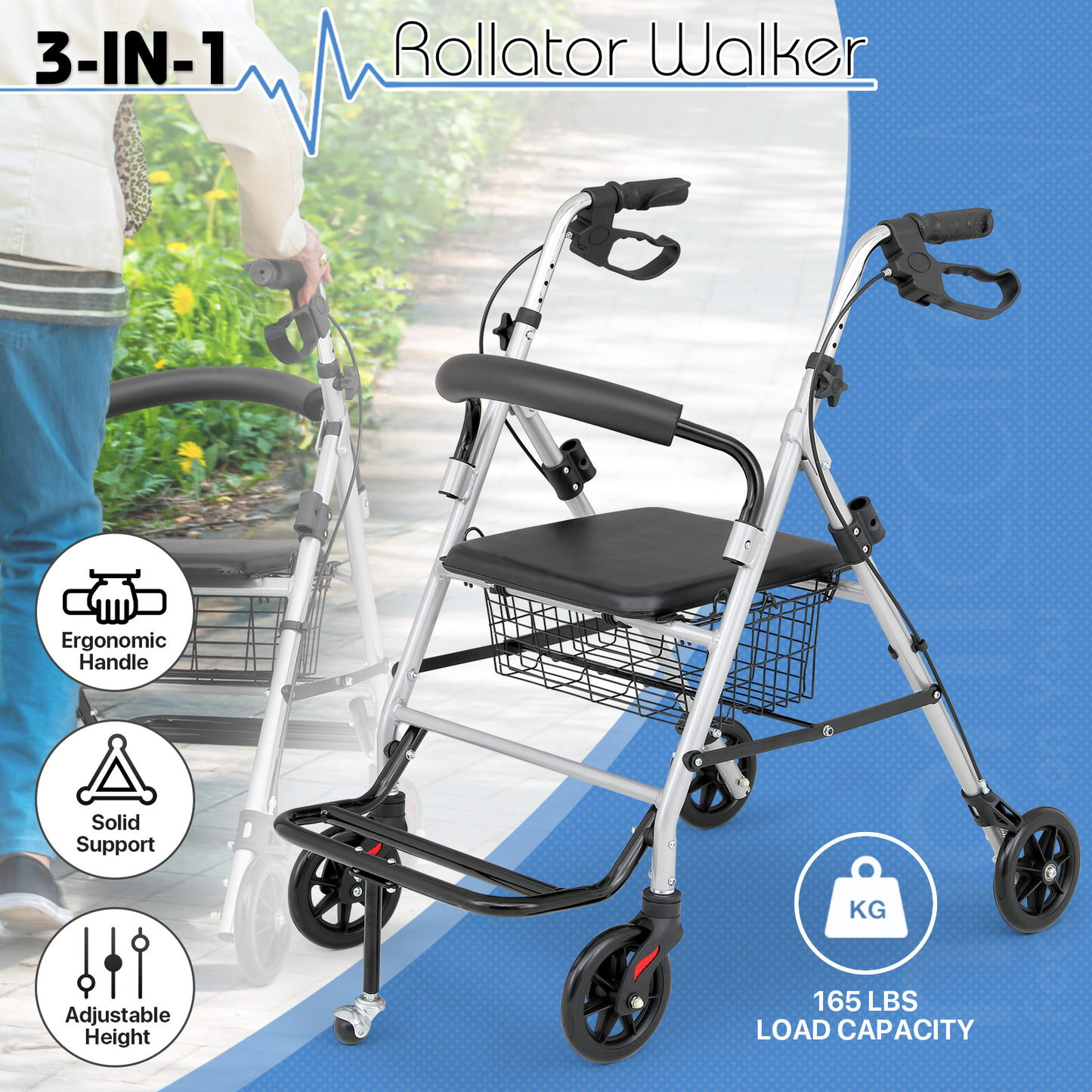 Silver Frame Rolling Walker - 31.5''-36.5'' Height Adjustable - w/Detachable Basket