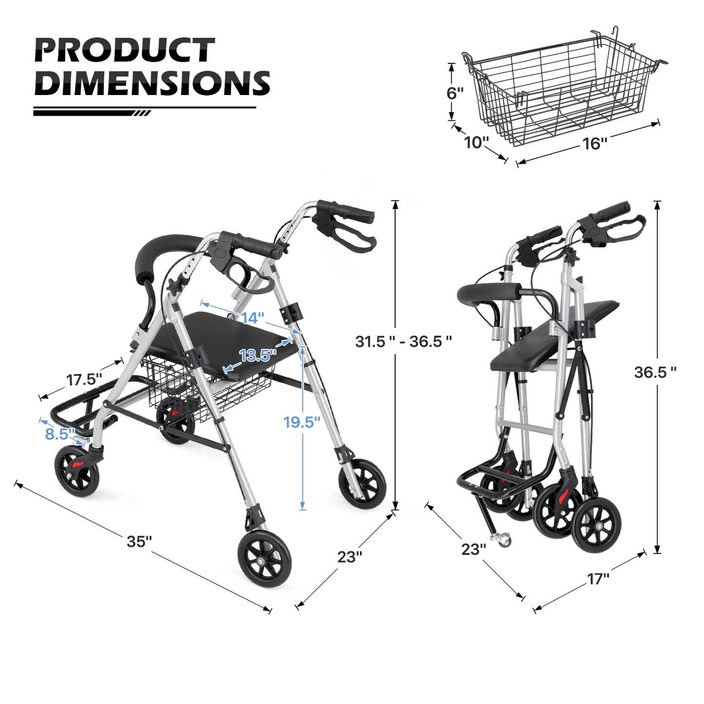 Silver Frame Rolling Walker - 31.5''-36.5'' Height Adjustable - w/Detachable Basket