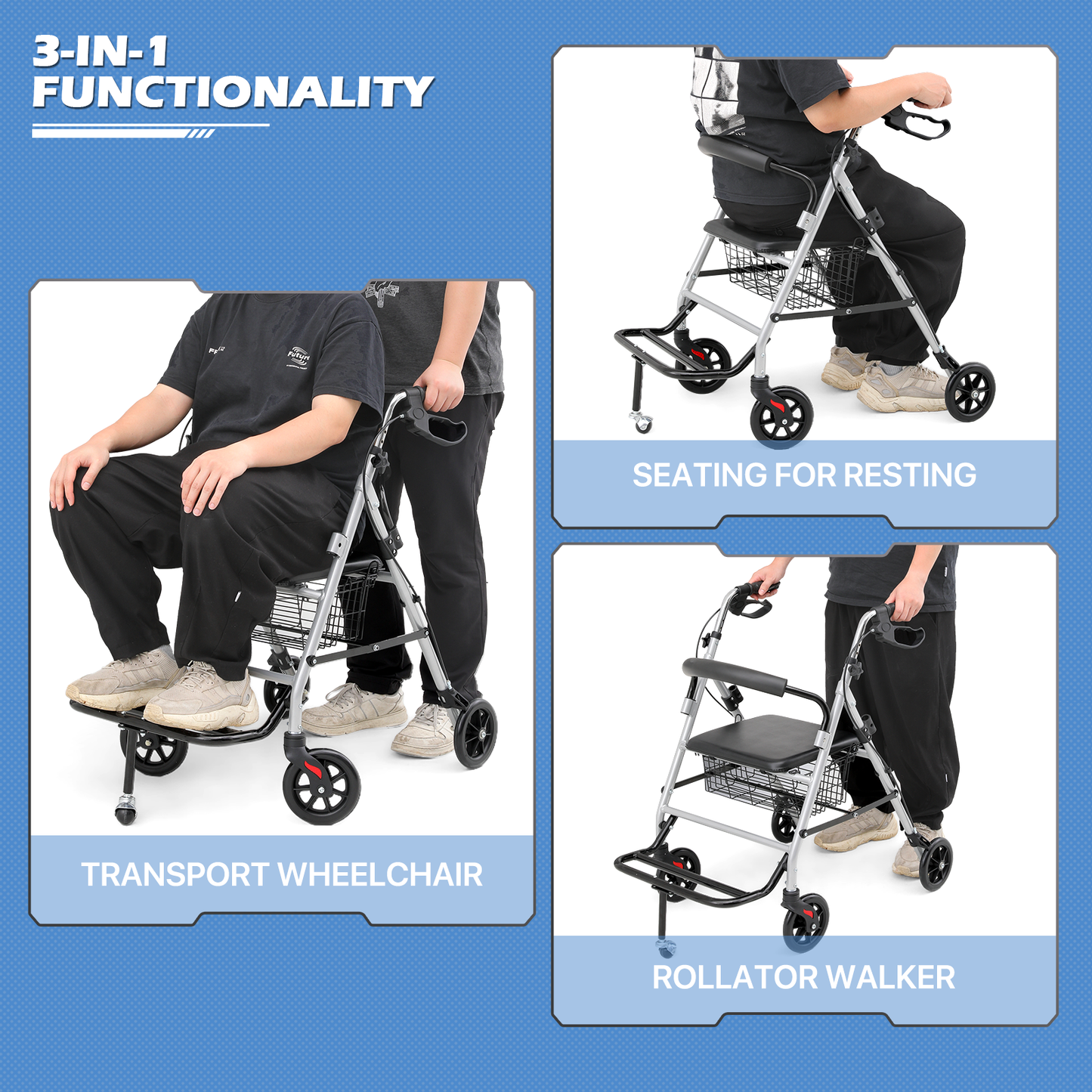 Silver Frame Rolling Walker - 31.5''-36.5'' Height Adjustable - w/Detachable Basket