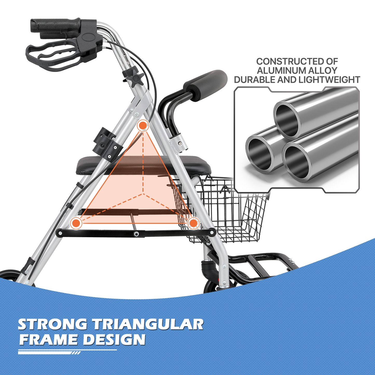 Silver Frame Rolling Walker - 31.5''-36.5'' Height Adjustable - w/Detachable Basket