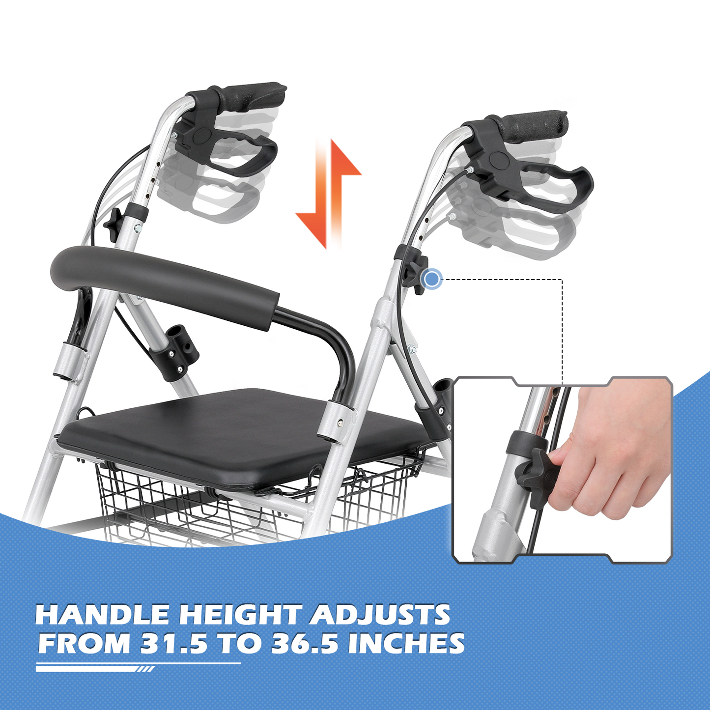 Silver Frame Rolling Walker - 31.5''-36.5'' Height Adjustable - w/Detachable Basket