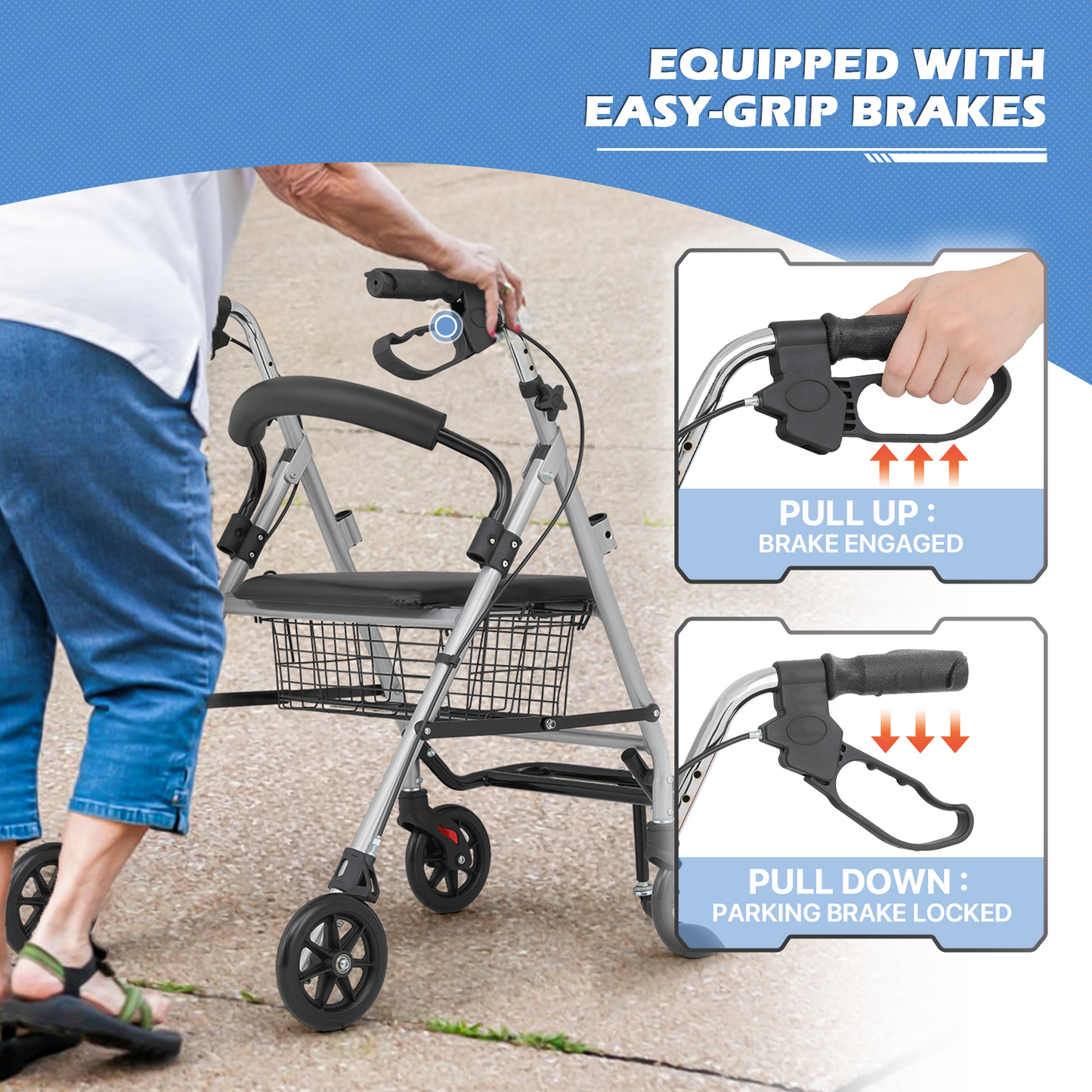 Silver Frame Rolling Walker - 31.5''-36.5'' Height Adjustable - w/Detachable Basket
