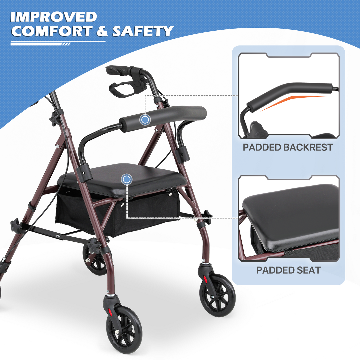 Rolling Walker - 31.5''-35'' Height Adjustable - w/Oxford Bag - Burgundy Frame