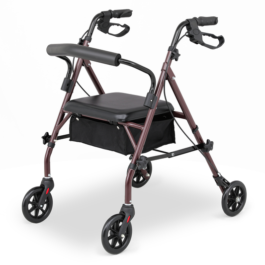 Rolling Walker - 31.5''-35'' Height Adjustable - w/Oxford Bag - Burgundy Frame