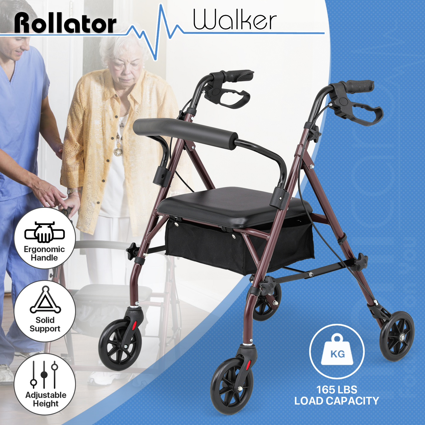 Rolling Walker - 31.5''-35'' Height Adjustable - w/Oxford Bag - Burgundy Frame