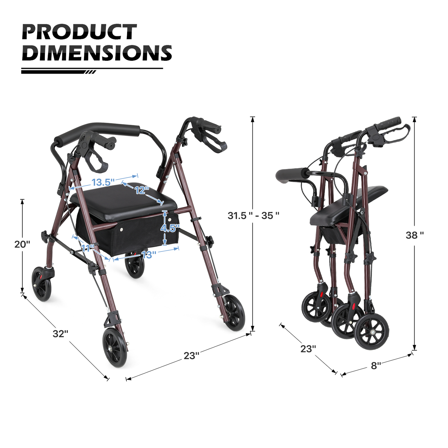 Rolling Walker - 31.5''-35'' Height Adjustable - w/Oxford Bag - Burgundy Frame