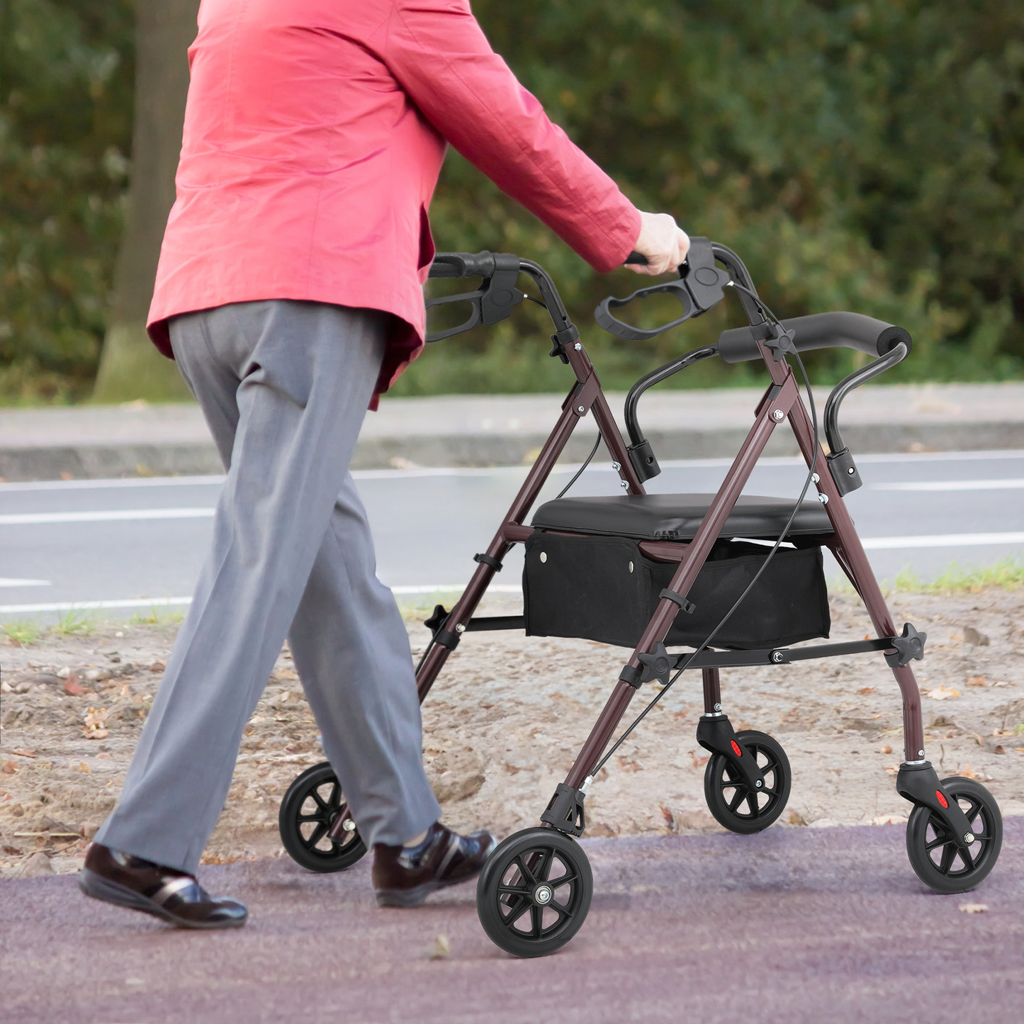 Rolling Walker - 31.5''-35'' Height Adjustable - w/Oxford Bag - Burgundy Frame