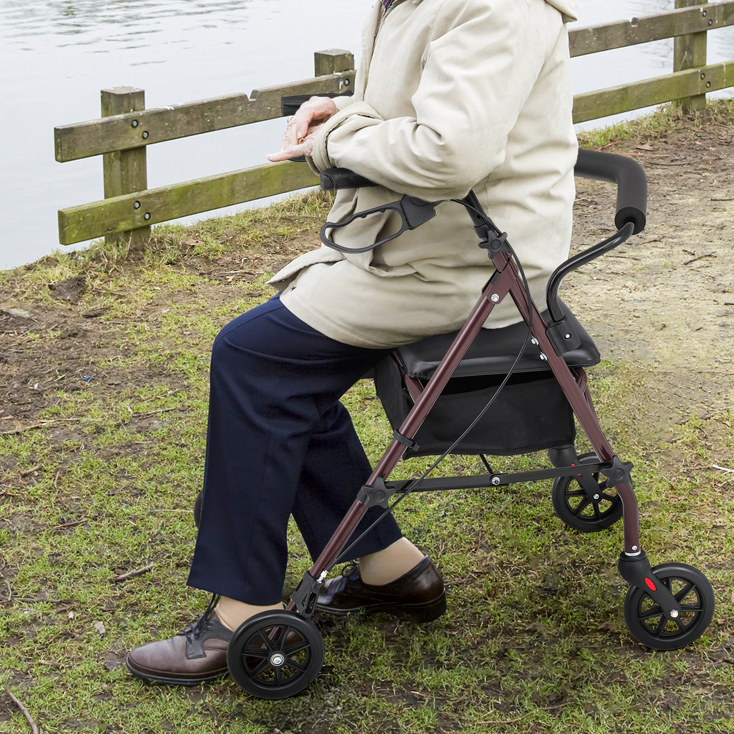 Rolling Walker - 31.5''-35'' Height Adjustable - w/Oxford Bag - Burgundy Frame