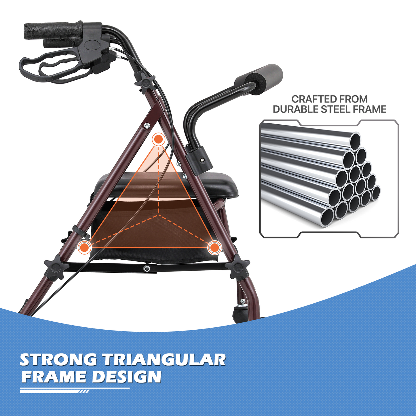 Rolling Walker - 31.5''-35'' Height Adjustable - w/Oxford Bag - Burgundy Frame