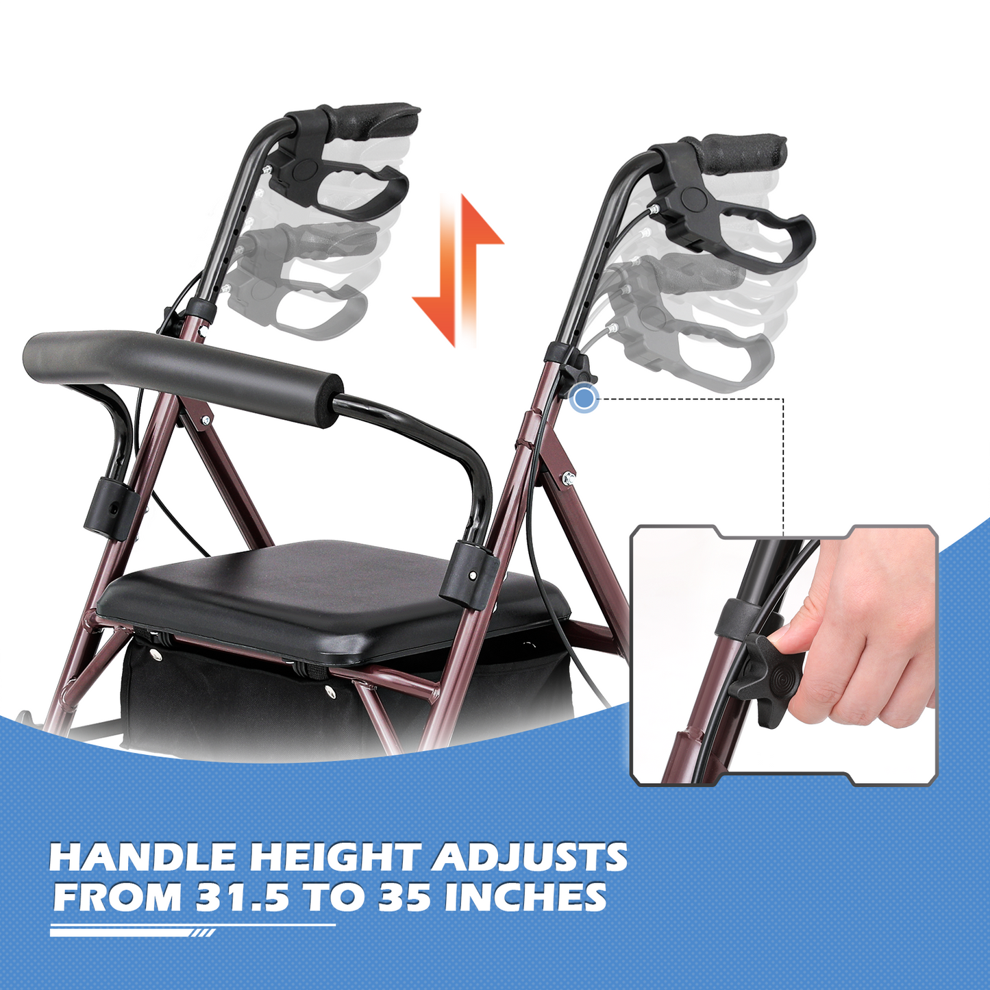Rolling Walker - 31.5''-35'' Height Adjustable - w/Oxford Bag - Burgundy Frame