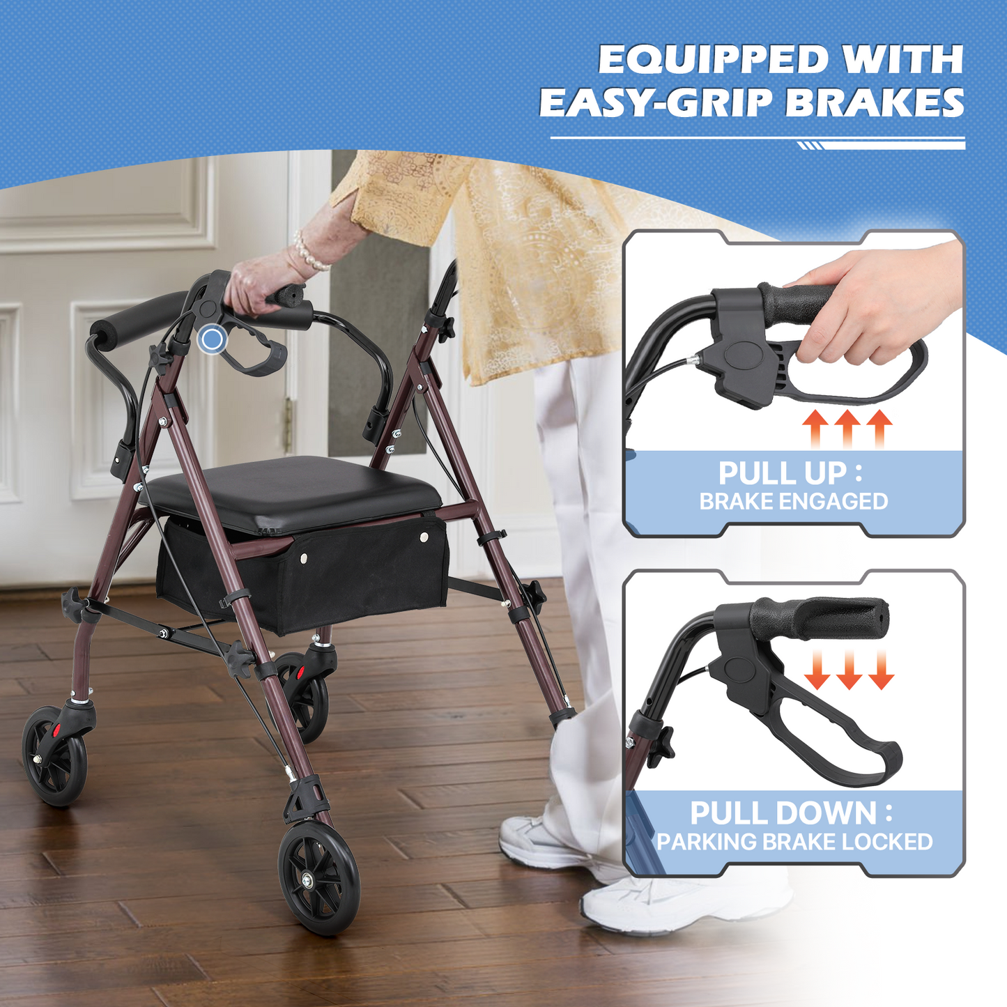 Rolling Walker - 31.5''-35'' Height Adjustable - w/Oxford Bag - Burgundy Frame