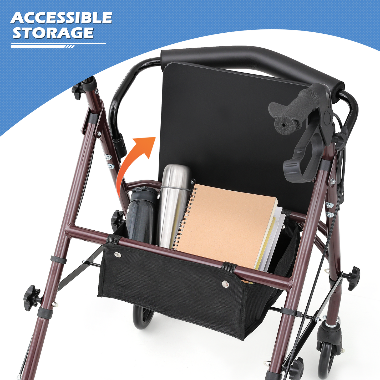 Rolling Walker - 31.5''-35'' Height Adjustable - w/Oxford Bag - Burgundy Frame