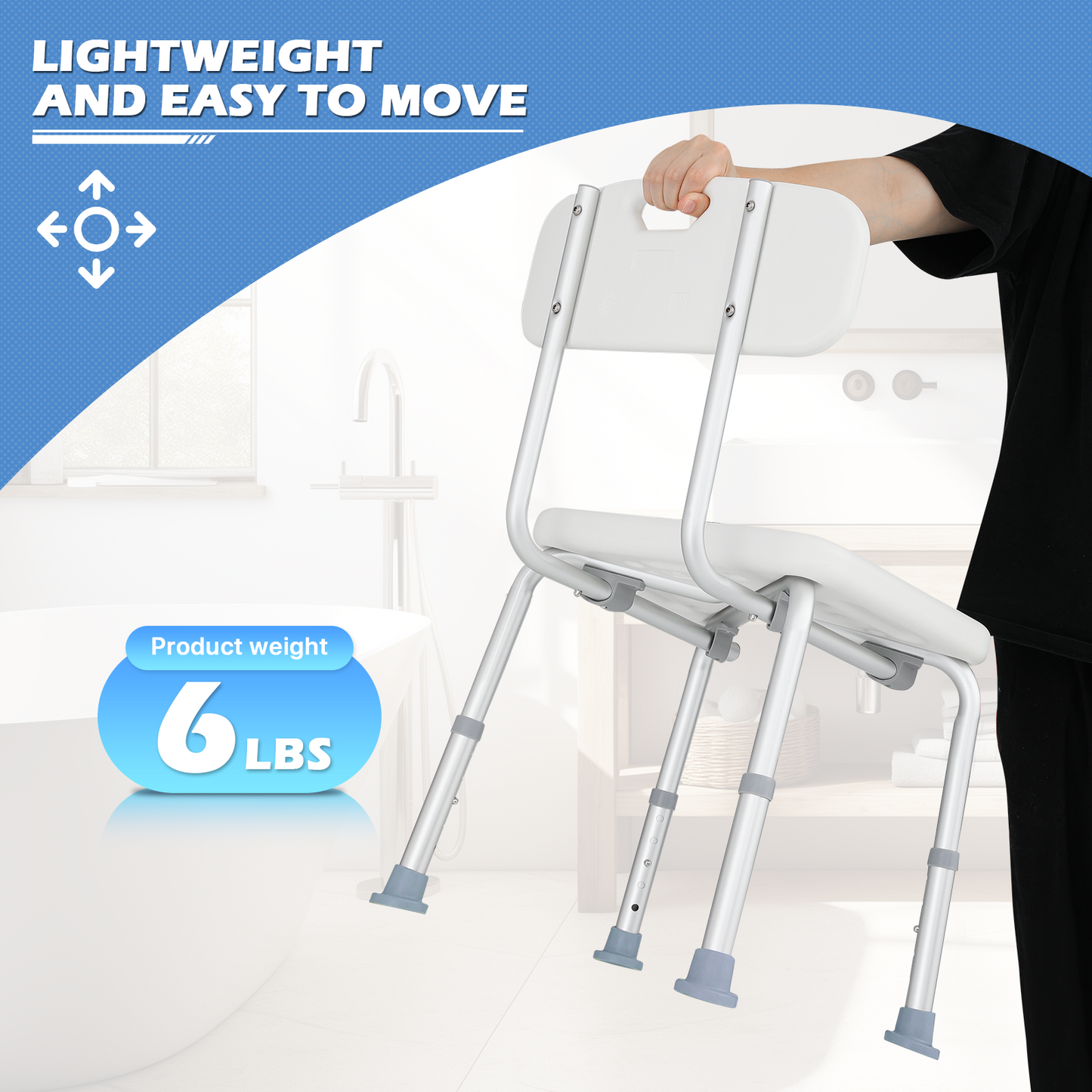 Shower Chair - 27''-31'' 5 Gears Height Adjustable - U-shaped Cutout Seat - White/Silver