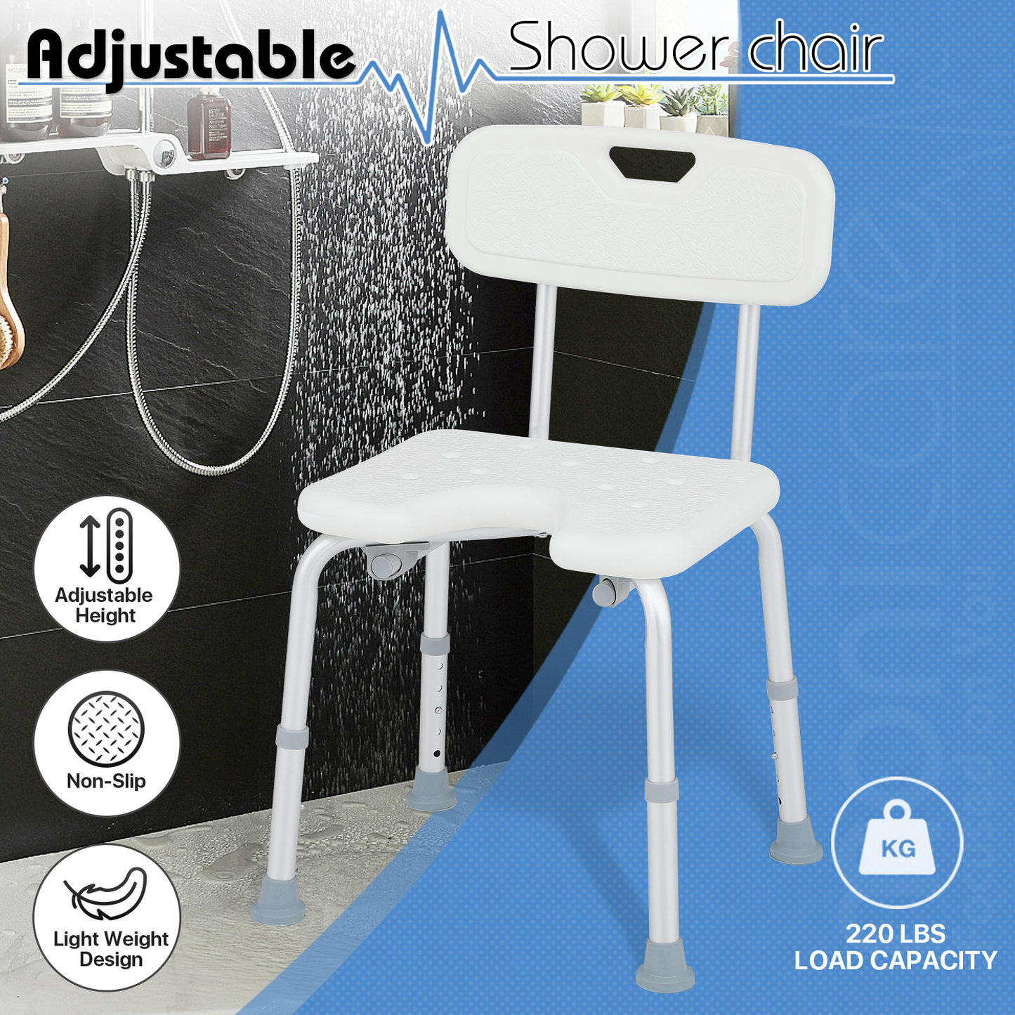 Shower Chair - 27''-31'' 5 Gears Height Adjustable - U-shaped Cutout Seat - White/Silver