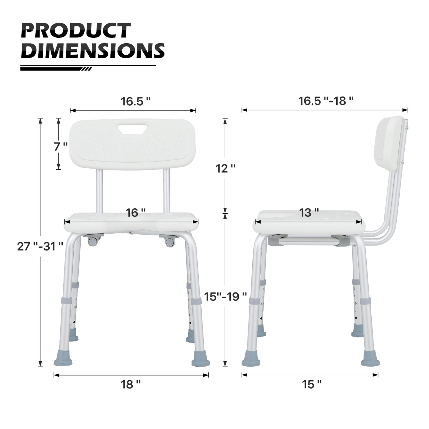 Shower Chair - 27''-31'' 5 Gears Height Adjustable - U-shaped Cutout Seat - White/Silver