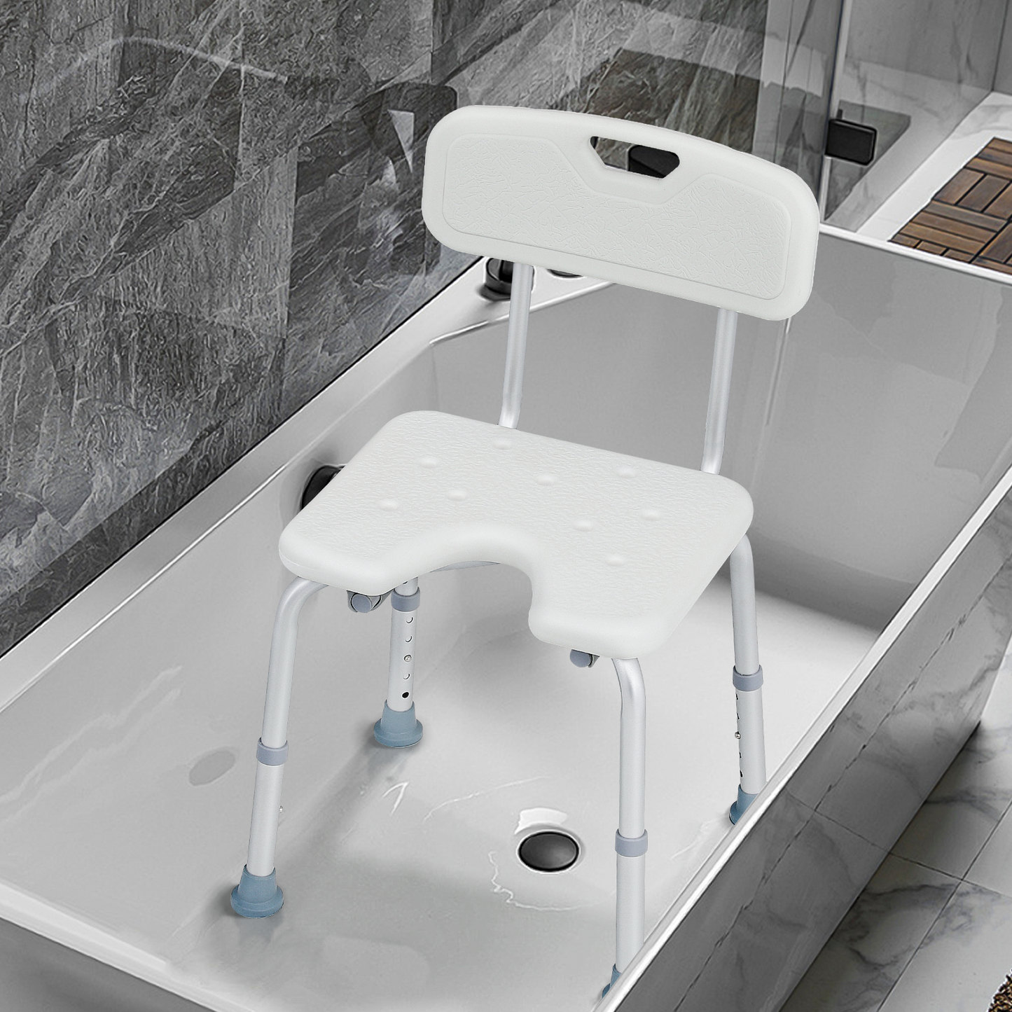 Shower Chair - 27''-31'' 5 Gears Height Adjustable - U-shaped Cutout Seat - White/Silver