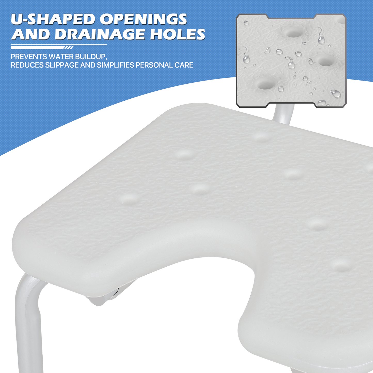 Shower Chair - 27''-31'' 5 Gears Height Adjustable - U-shaped Cutout Seat - White/Silver