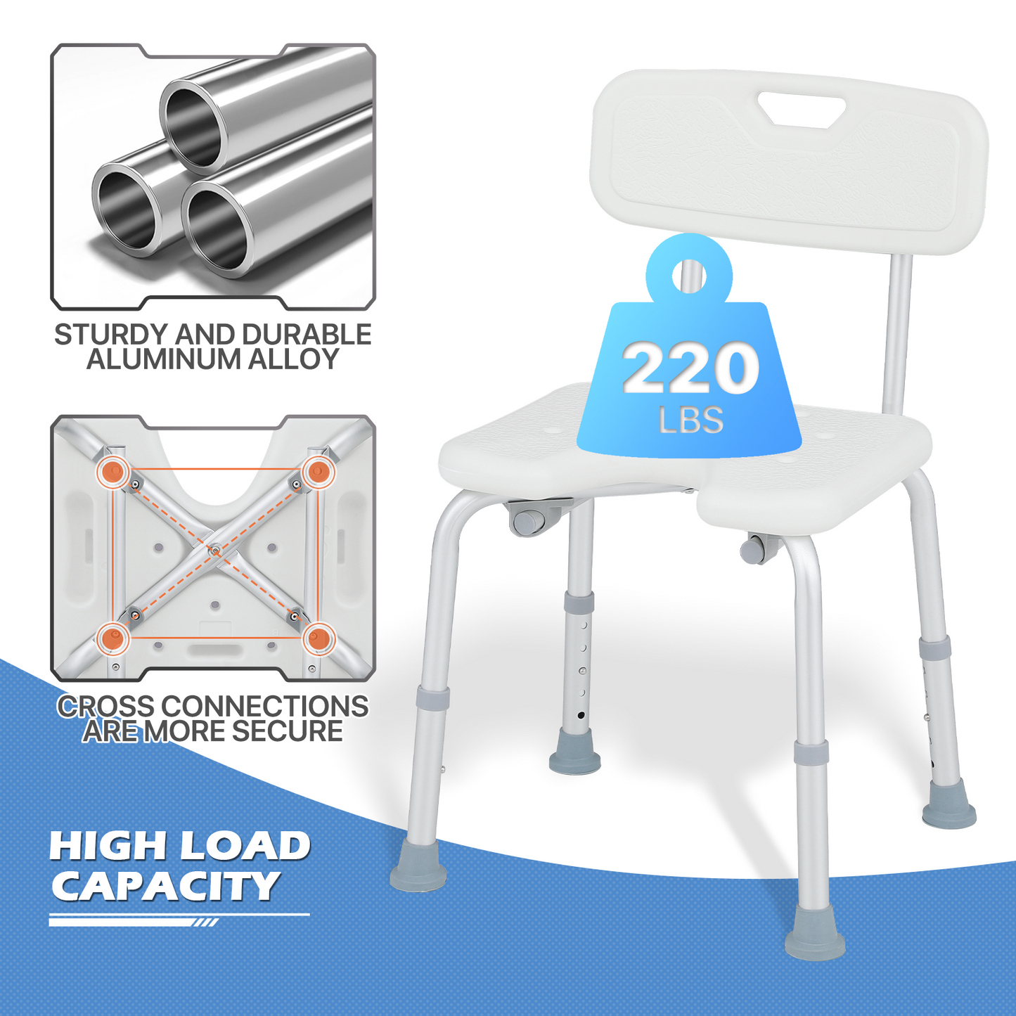Shower Chair - 27''-31'' 5 Gears Height Adjustable - U-shaped Cutout Seat - White/Silver