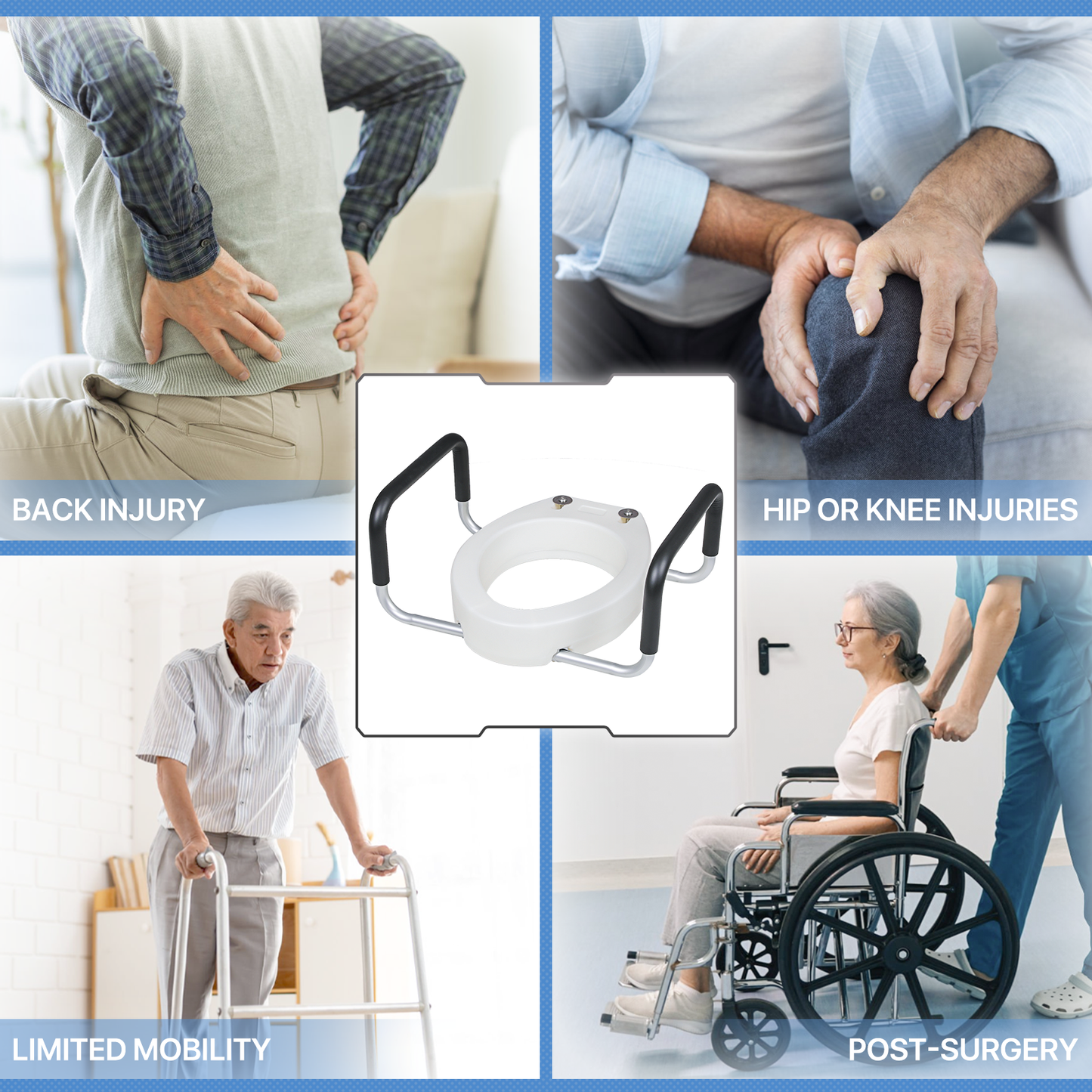 Raised Toilet Seat - w/Arms - PE Seat - For Elongated Toilets - White