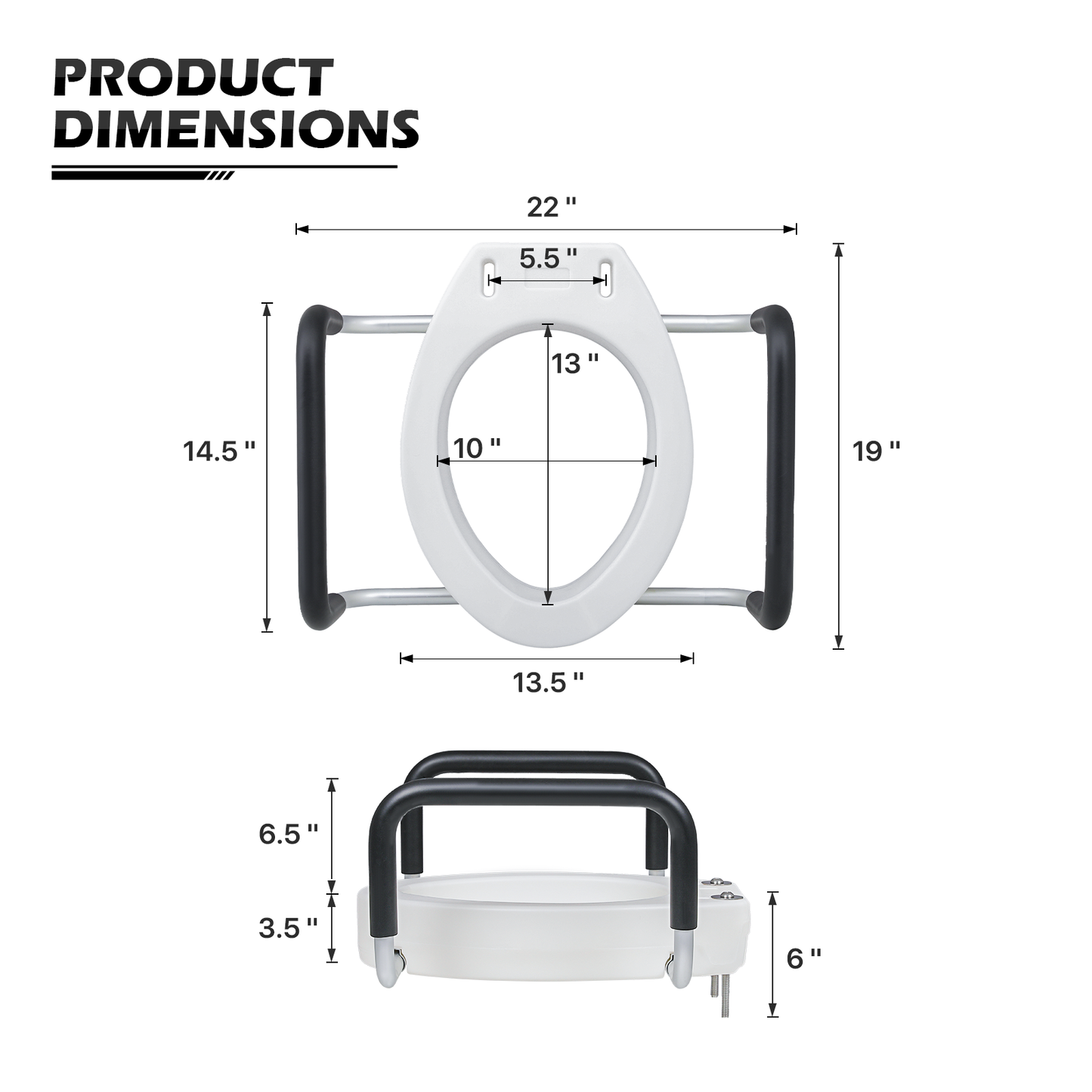 Raised Toilet Seat - w/Arms - PE Seat - For Elongated Toilets - White