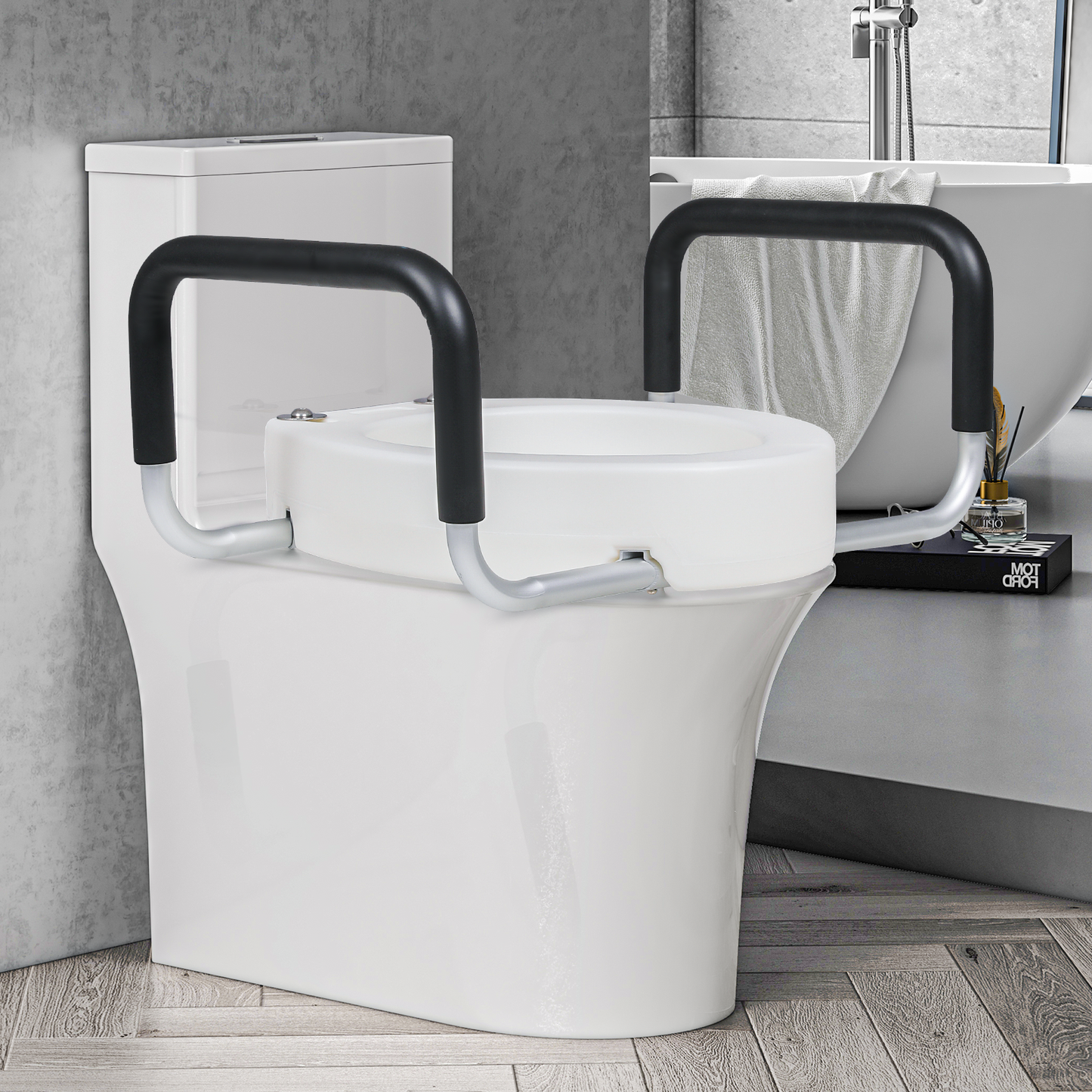 Raised Toilet Seat - w/Arms - PE Seat - For Elongated Toilets - White