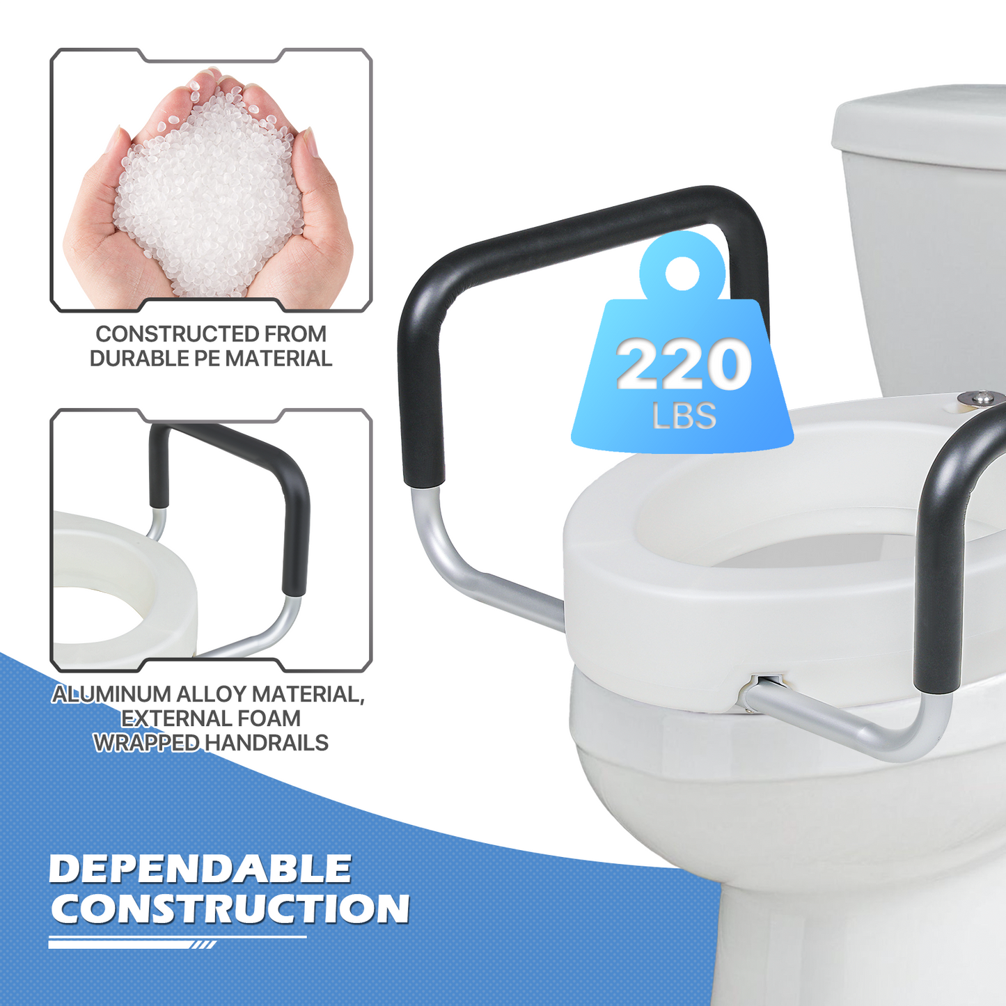 Raised Toilet Seat - w/Arms - PE Seat - For Elongated Toilets - White