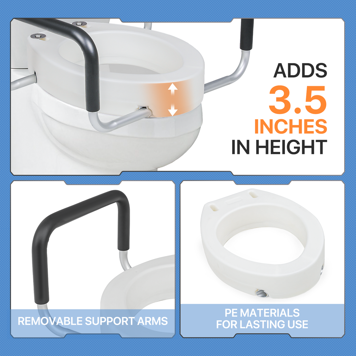 Raised Toilet Seat - w/Arms - PE Seat - For Elongated Toilets - White
