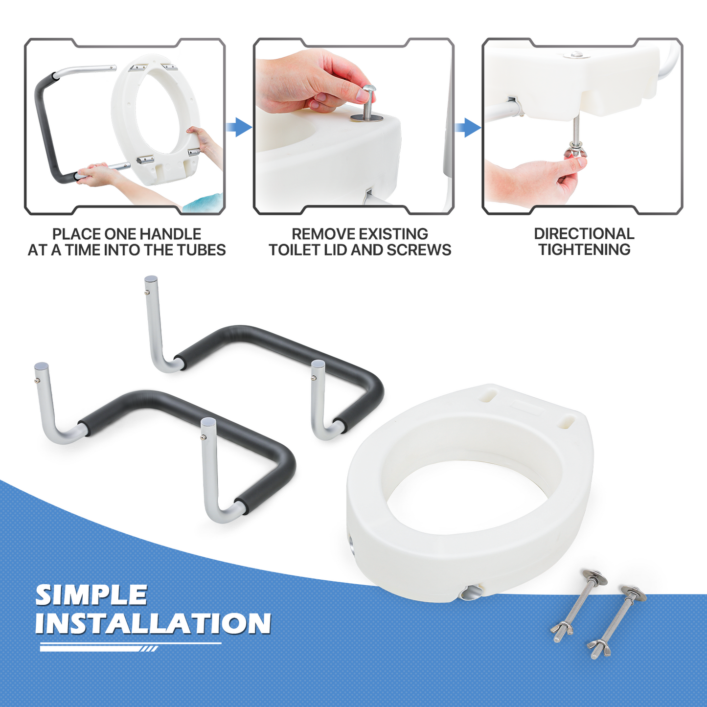 Raised Toilet Seat - w/Arms - PE Seat - For Elongated Toilets - White
