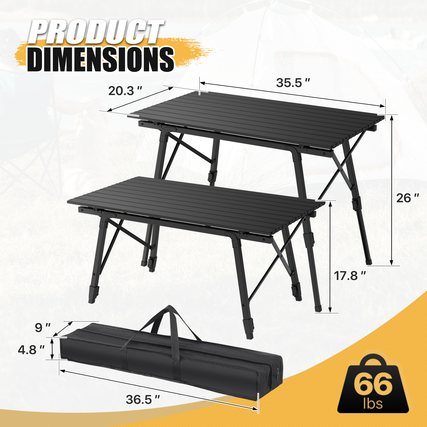 Adjustable Height Aluminum Folding Table (L)35.5in. (W)20.3in. (H)26.0in.