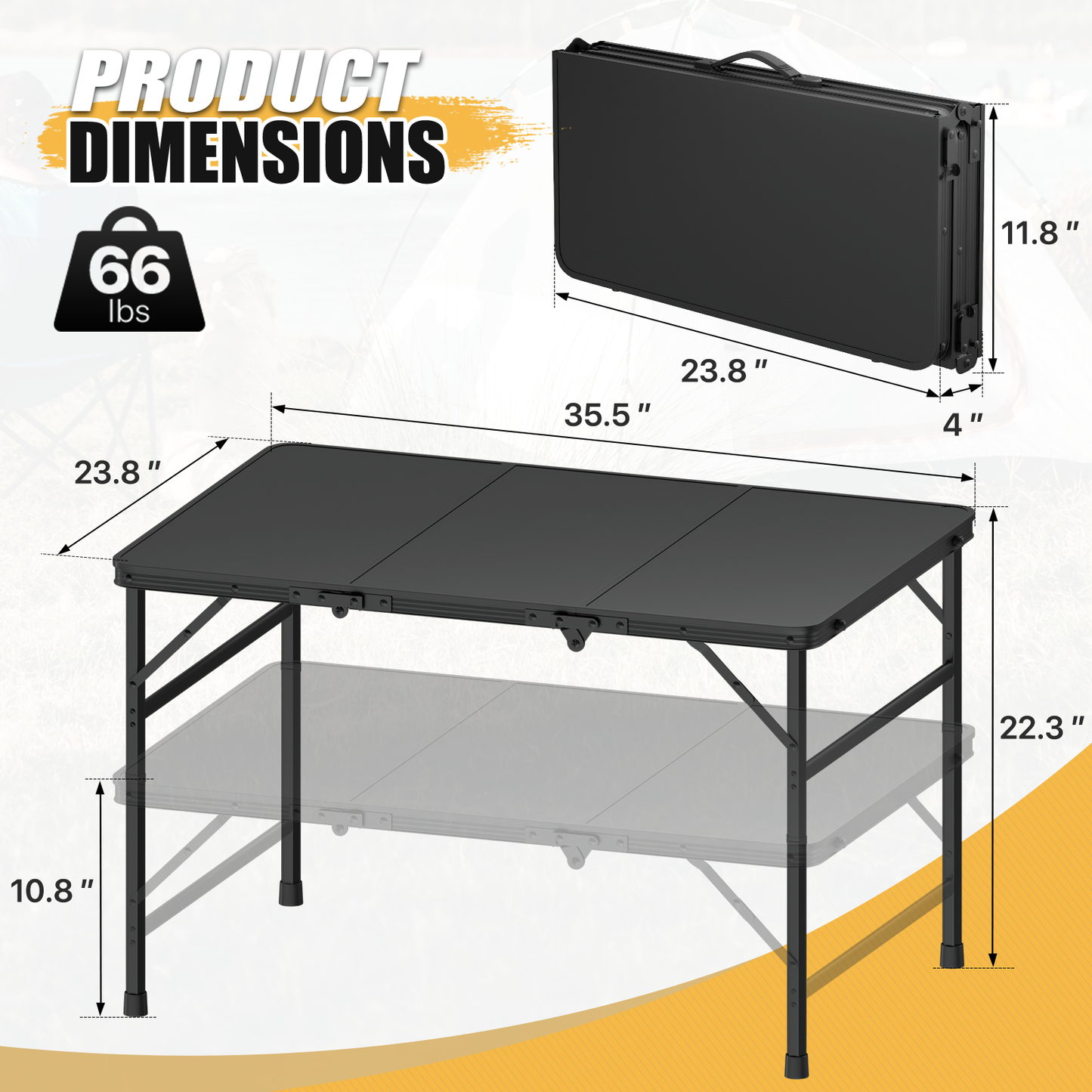 Adjustable Height Aluminum Folding Table (L)35.5in. (W)23.8in. (H)22.3in.