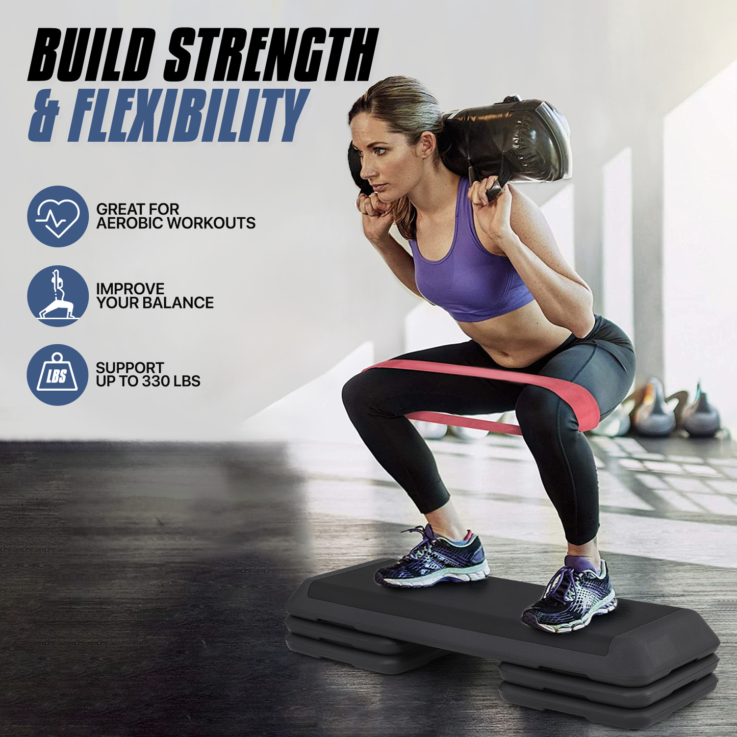 Aerobic Step Platform - 43" Length Rubber Surface - 3 Adjustment