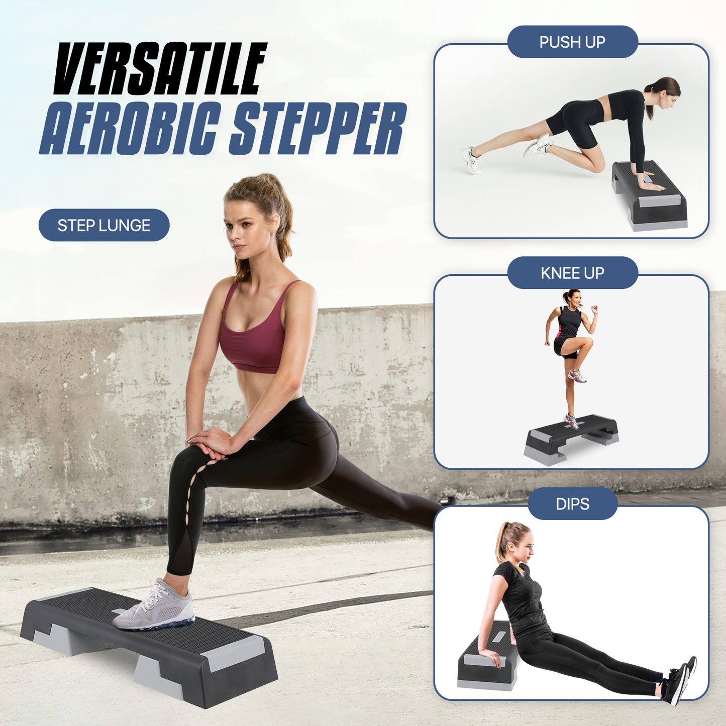Aerobic Step Platform - 39" Length - 3 Adjustment - Black Grey