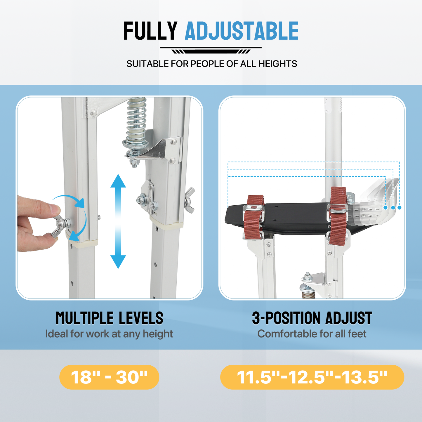 Adjustable Height Aluminium Stilts - 18"to 30" - 225 lbs Weight Capacity