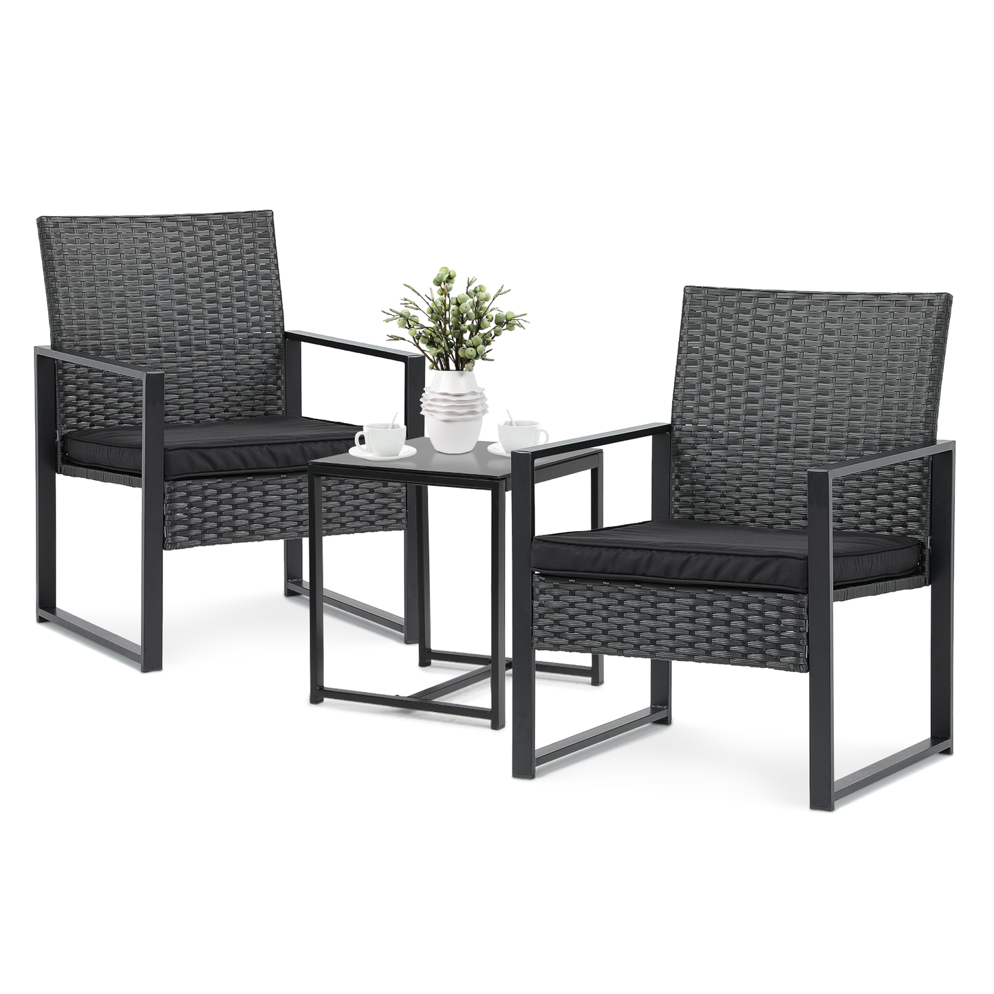 Cane Chair - PE Rattan - 2 Chair ,1 Table - Black steel frame /orange seat cushion