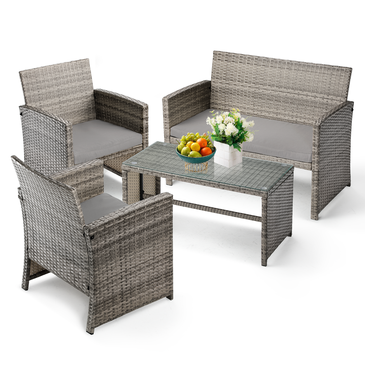 Cane Chair - PE Rattan - 3 Chair ,1 Table - Brown chair/beige seat cushion