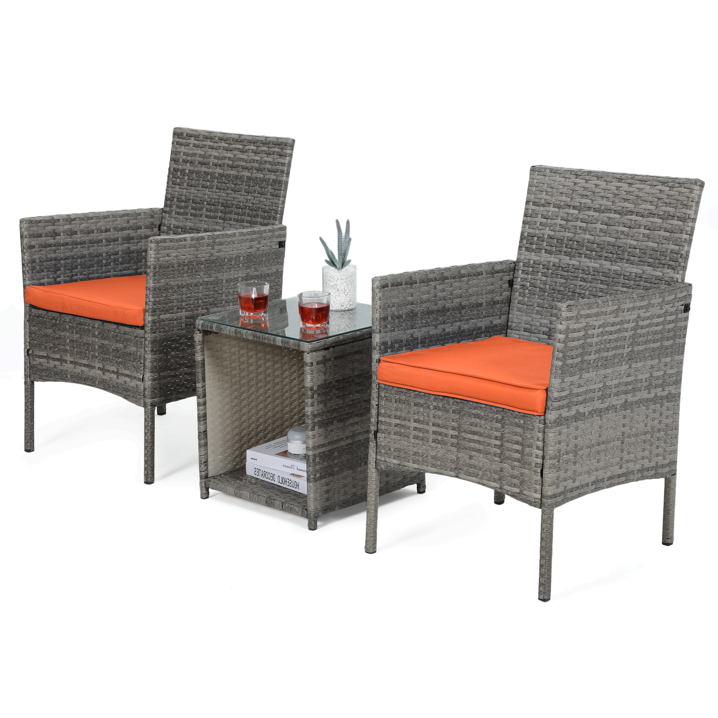 Cane Chair - PE Rattan - 2 Chair ,1 Table - Grey chair /Blue seat cushion
