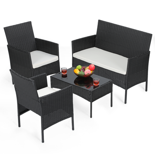 Cane Chair - PE Rattan - 3 Chair ,1 Table - Black chair /beige seat cushion