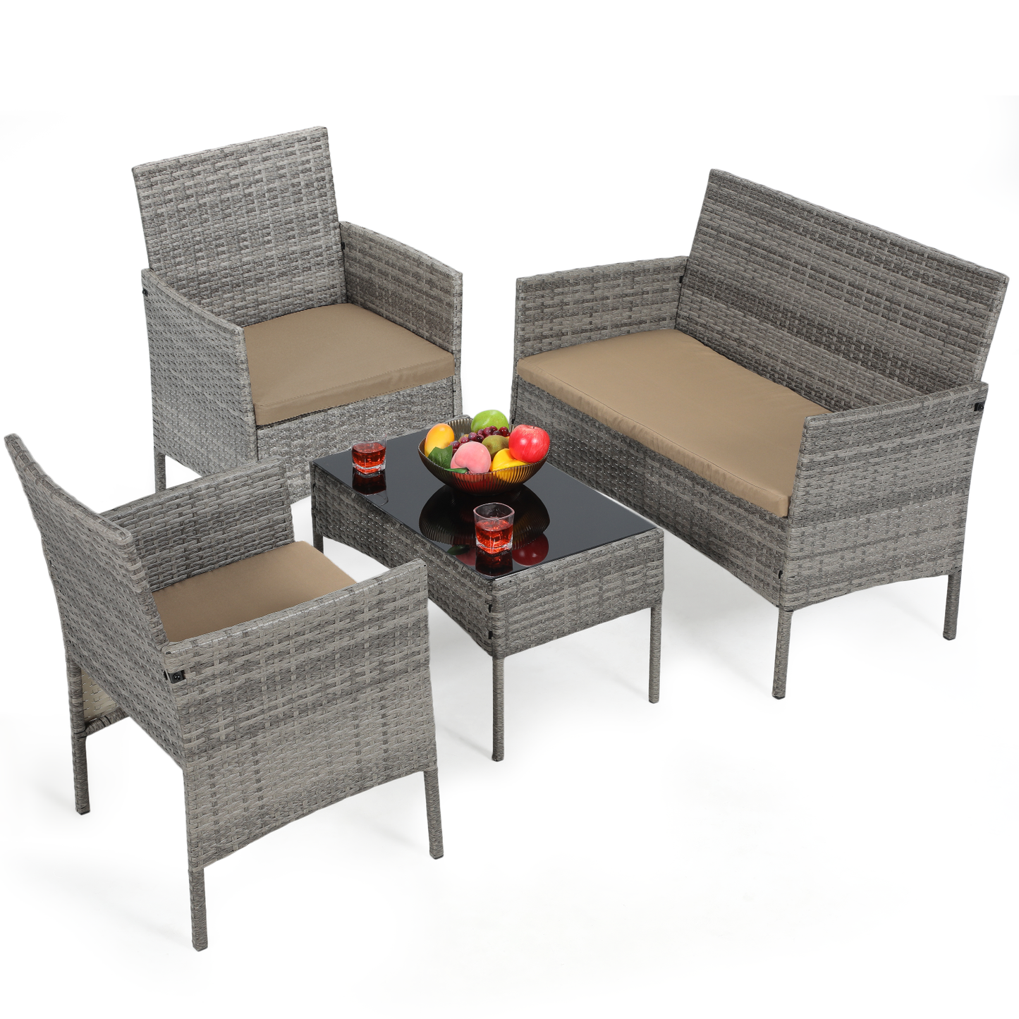 Cane Chair - PE Rattan - 3 Chair ,1 Table - Black chair /beige seat cushion