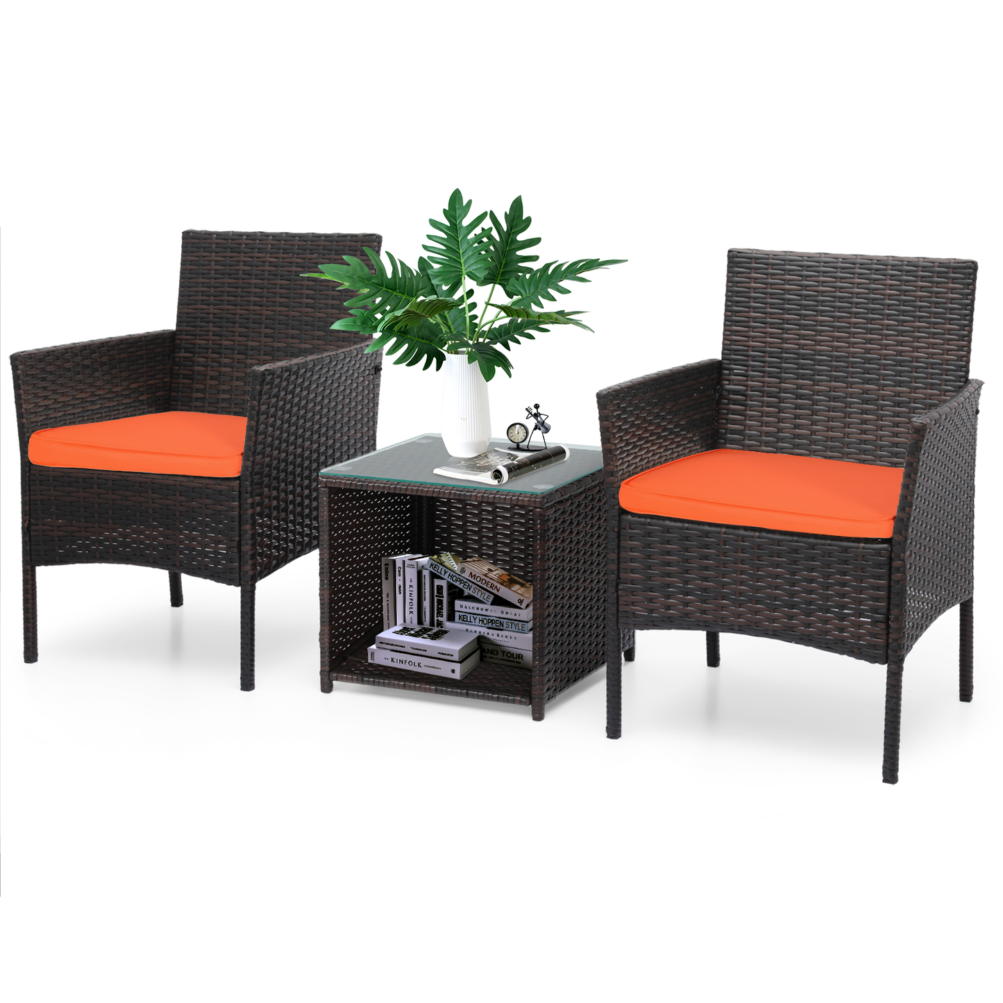 Cane Chair - PE Rattan - 2 Chair ,1 Table - Brown chair /beige seat cushion