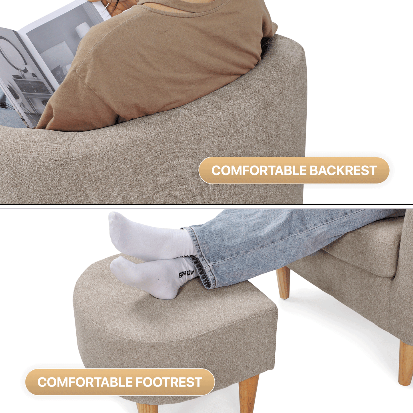Barrel Shape Sofa Chair w/ Ottoman - Cotton-linen