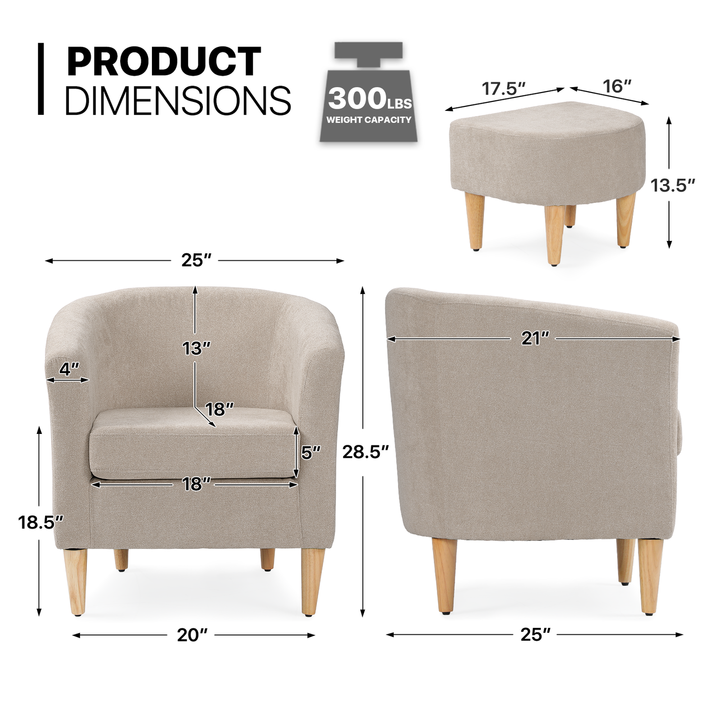 Barrel Shape Sofa Chair w/ Ottoman - Cotton-linen
