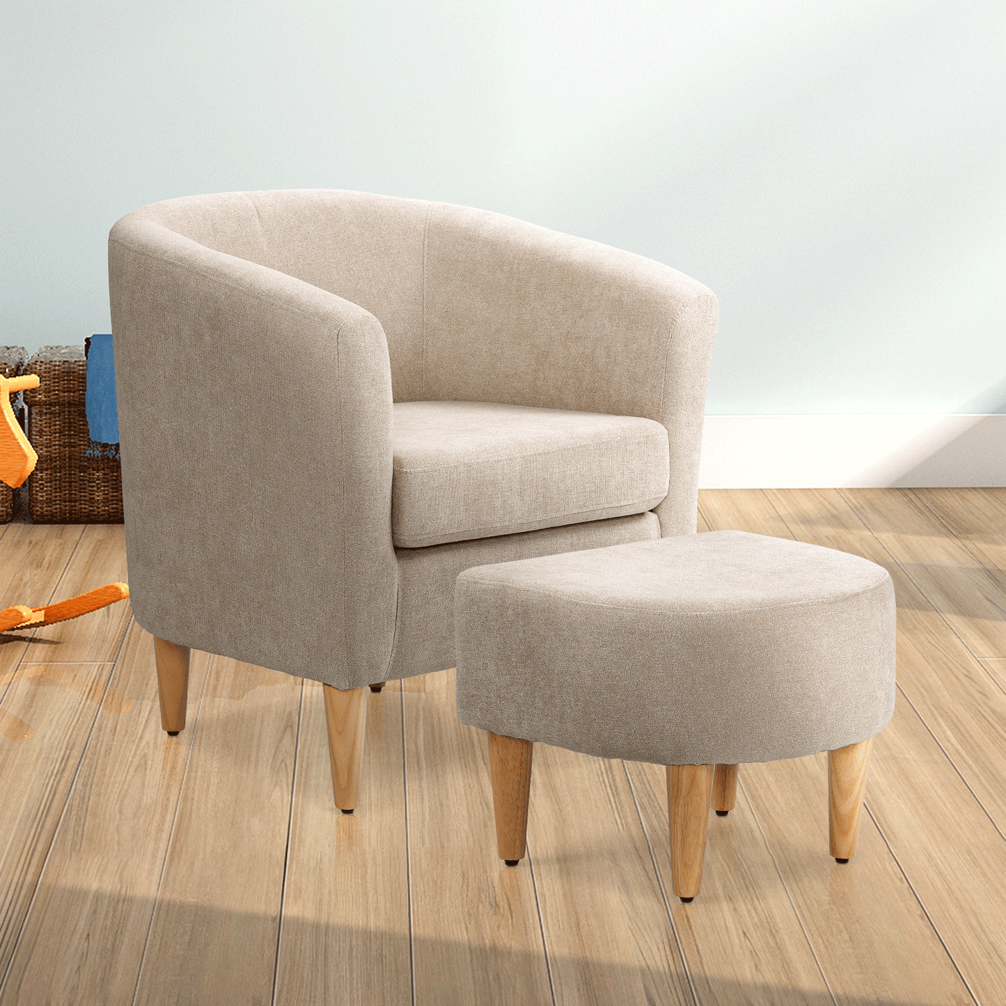 Barrel Shape Sofa Chair w/ Ottoman - Cotton-linen